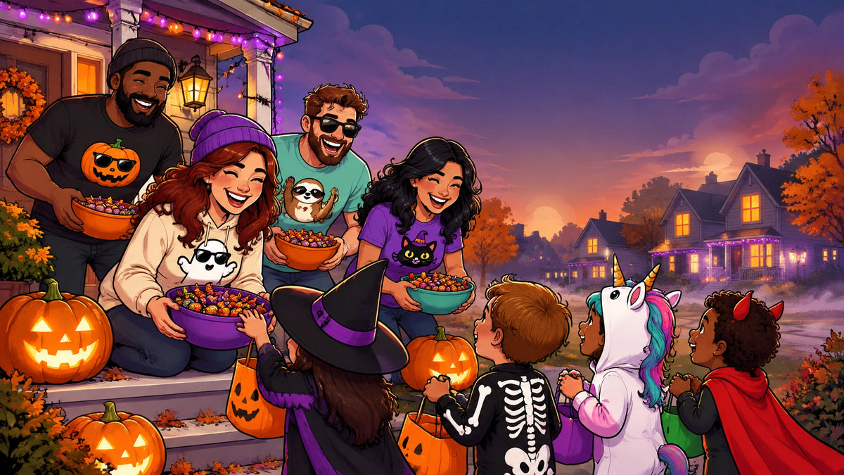A cheerful group wearing funny graphic tees and hoodies while handing out candy on a glowing Halloween porch