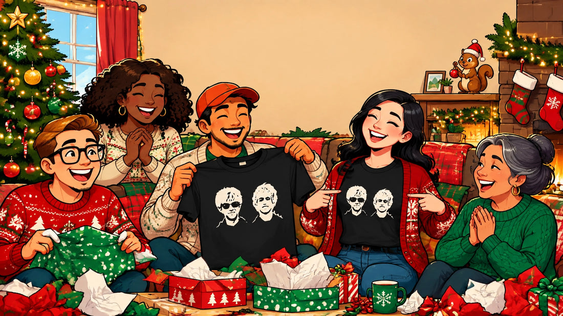 A chaotic holiday gift exchange with friends laughing over a funny graphic t-shirt