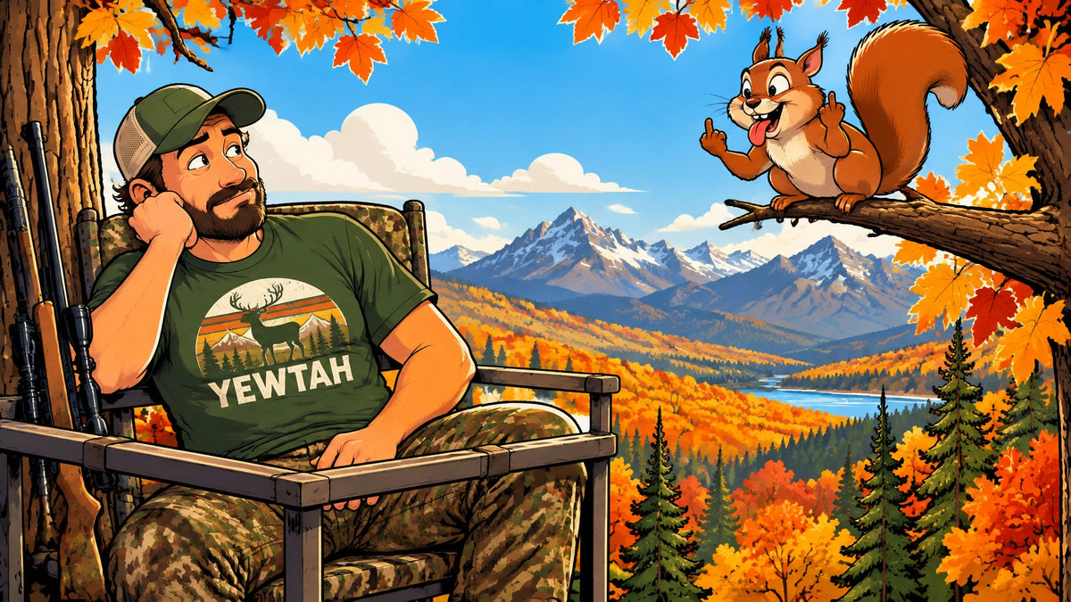 Vibrant playful vector illustration of a bored hunter in a deer stand wearing a funny hunting tee while a taunting squirrel w