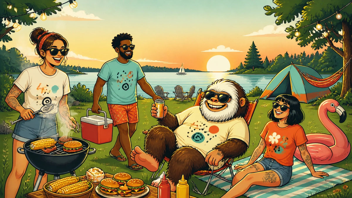 A colorful group of friends relaxing at a Labor Day weekend cookout beside a sunny lake