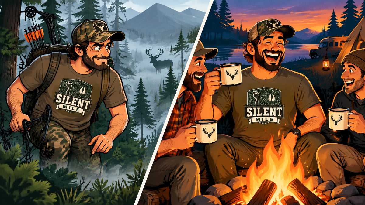 Split lifestyle illustration of two cartoonish hunters wearing funny Yewtah hunting tees, one sneaking through misty pine woo