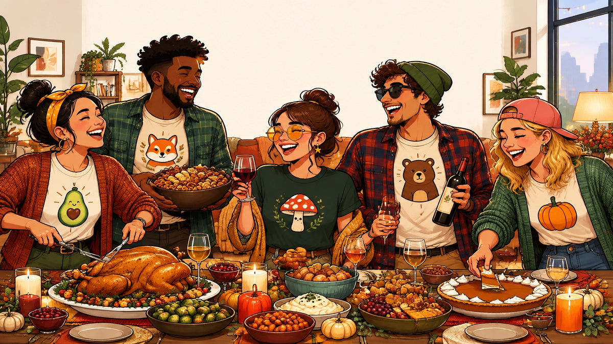Friends gathered around a Friendsgiving table wearing colorful funny graphic T-shirts, surrounded by snacks, pie, wine, pumpk