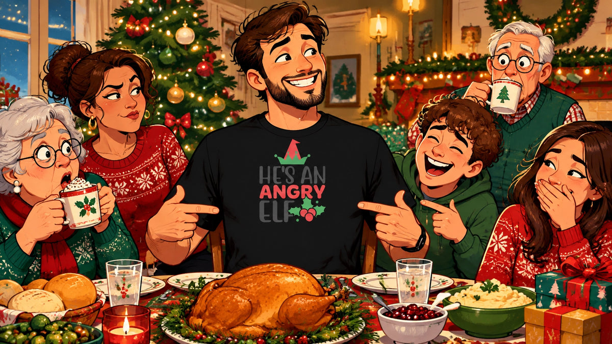 A playful Christmas family dinner where relatives react dramatically to a cheeky holiday T-shirt
