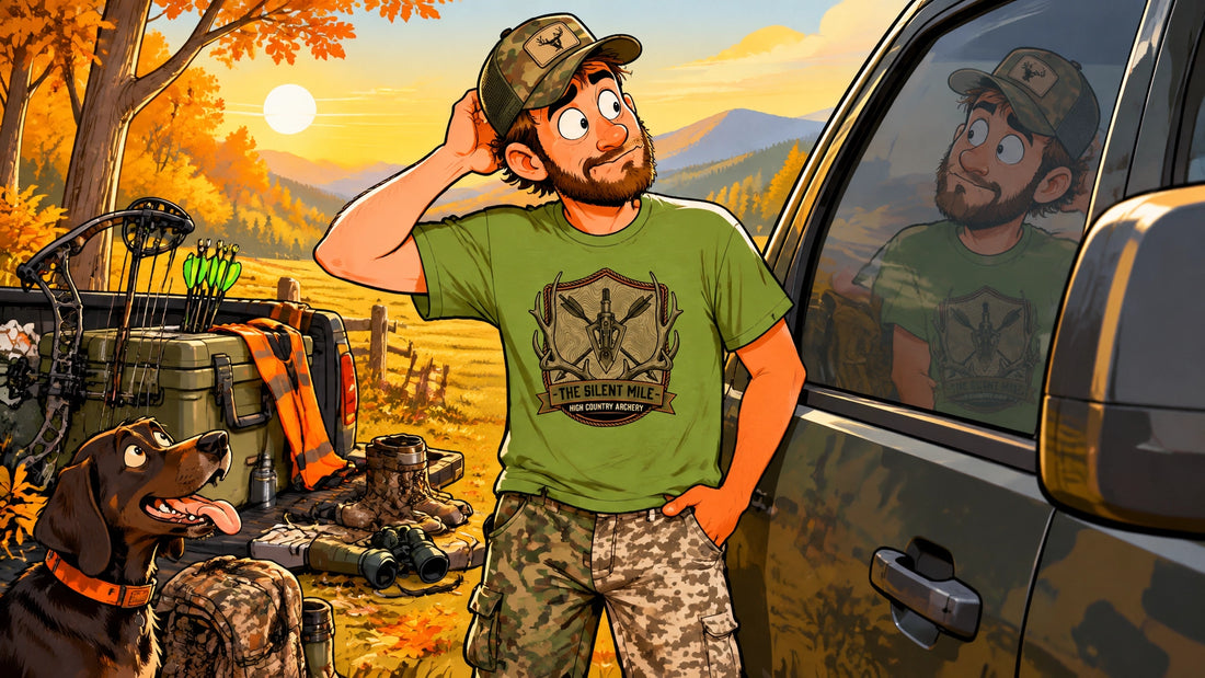 Cartoonish hunter in mismatched camo wearing a funny Yewtah hunting tee, staring puzzled at his reflection in a truck window 