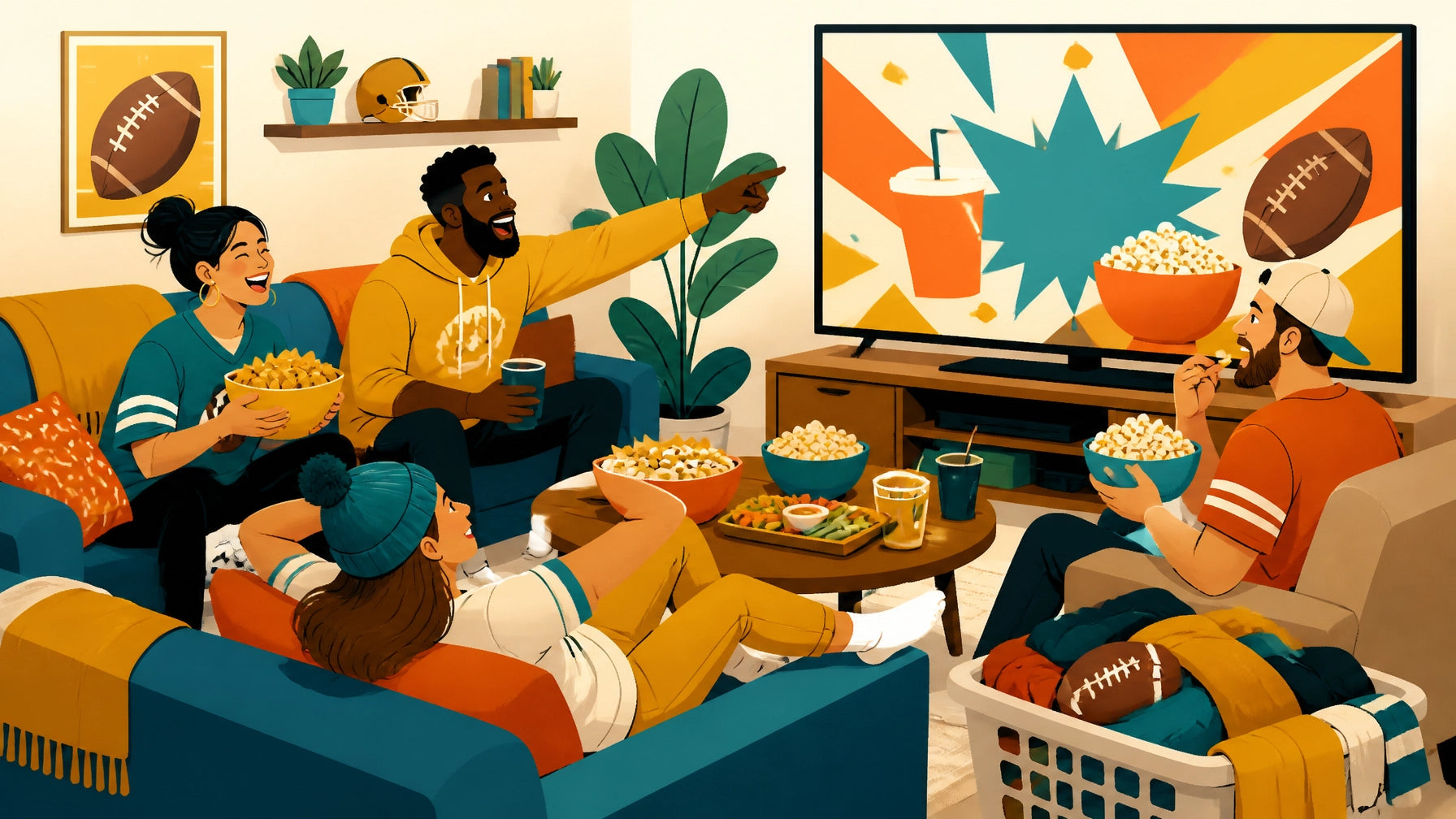 A playful cartoon football watch party with friends, snacks, a television, and an overflowing laundry basket
