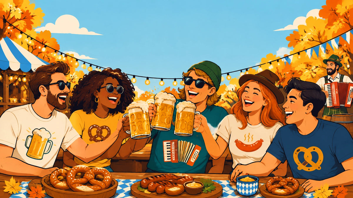 A vibrant cartoon group of friends wearing funny graphic tees at an Oktoberfest-style outdoor festival with steins, pretzels,