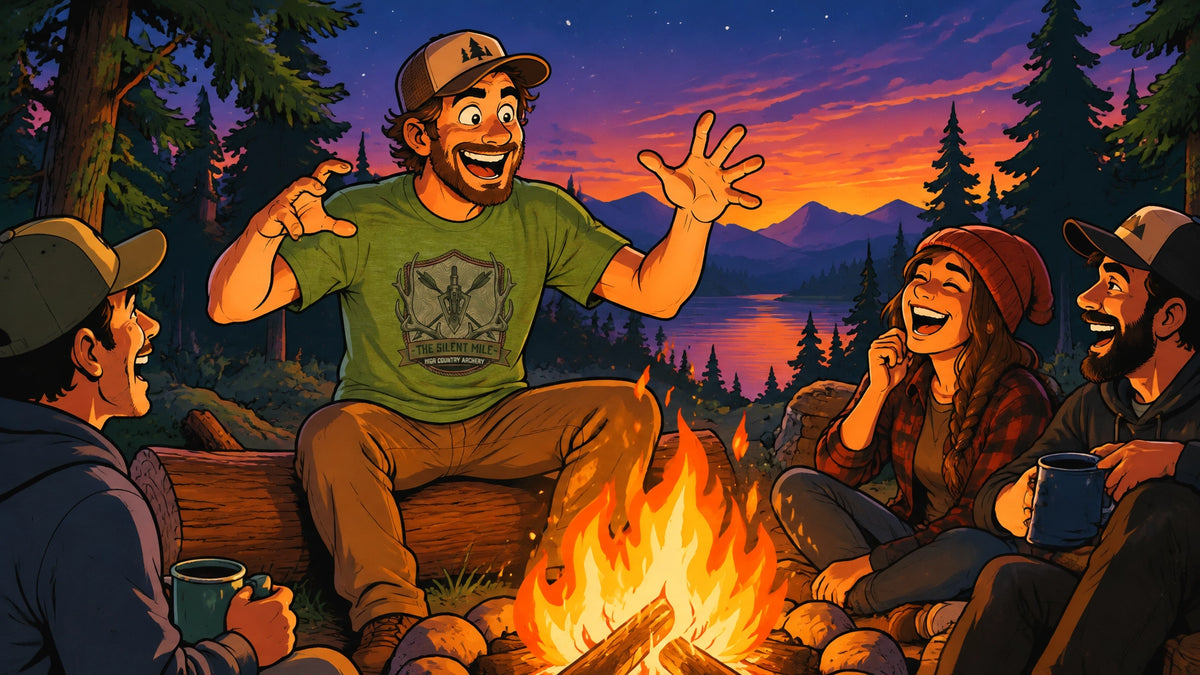 Cartoonish hunter telling a campfire story at dusk while friends laugh in a playful outdoor scene
