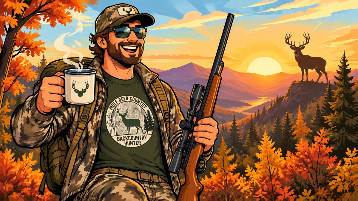 Cartoonish hunter in funny Yewtah hunting gear at dawn with coffee, rifle, and a big buck silhouette in an autumn forest