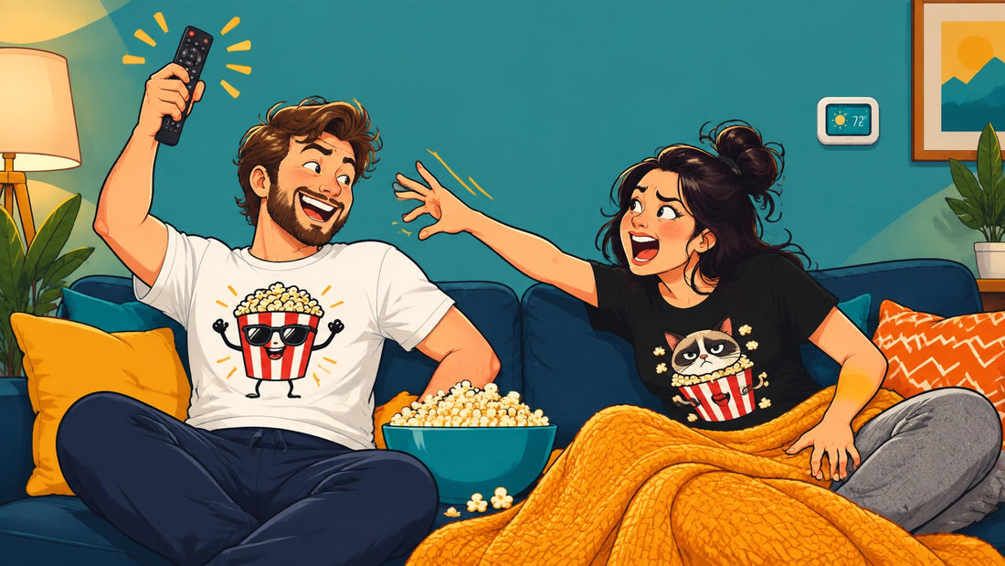 A laughing couple on a cozy couch wearing funny graphic T-shirts while one dramatically clutches the TV remote