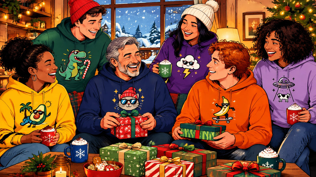 Friends laughing in colorful hoodies during a cozy winter gift exchange