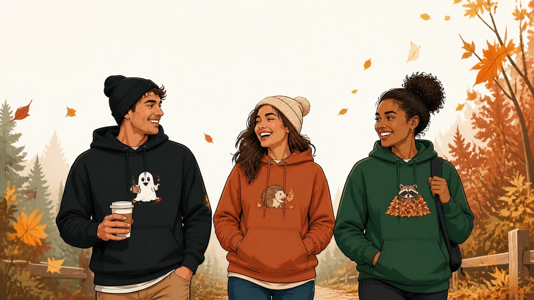 Three friends wearing colorful graphic hoodies on a crisp autumn morning