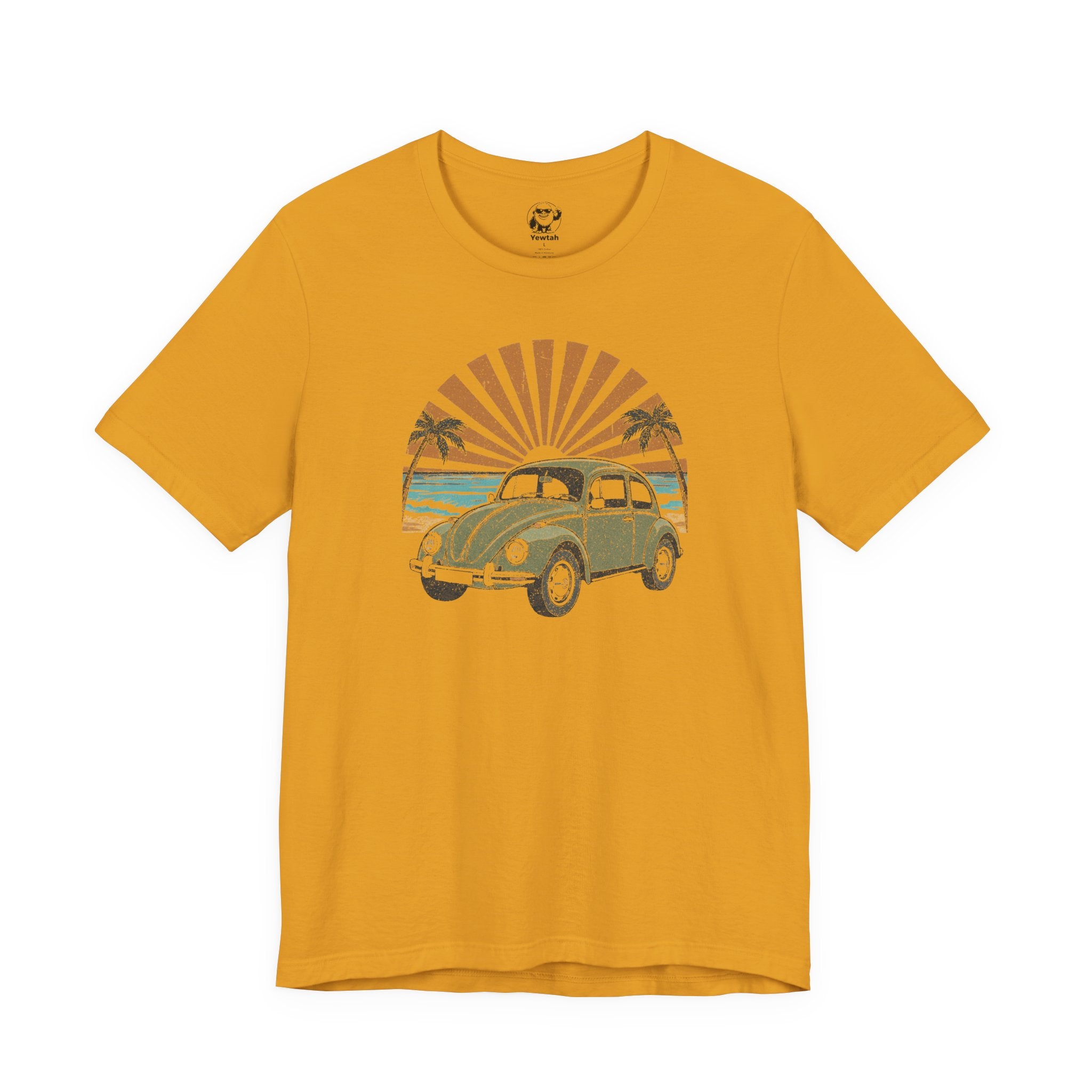 Vintage VW Beetle Beach Tee — Retro Sunset Surf Graphic T-Shirt
