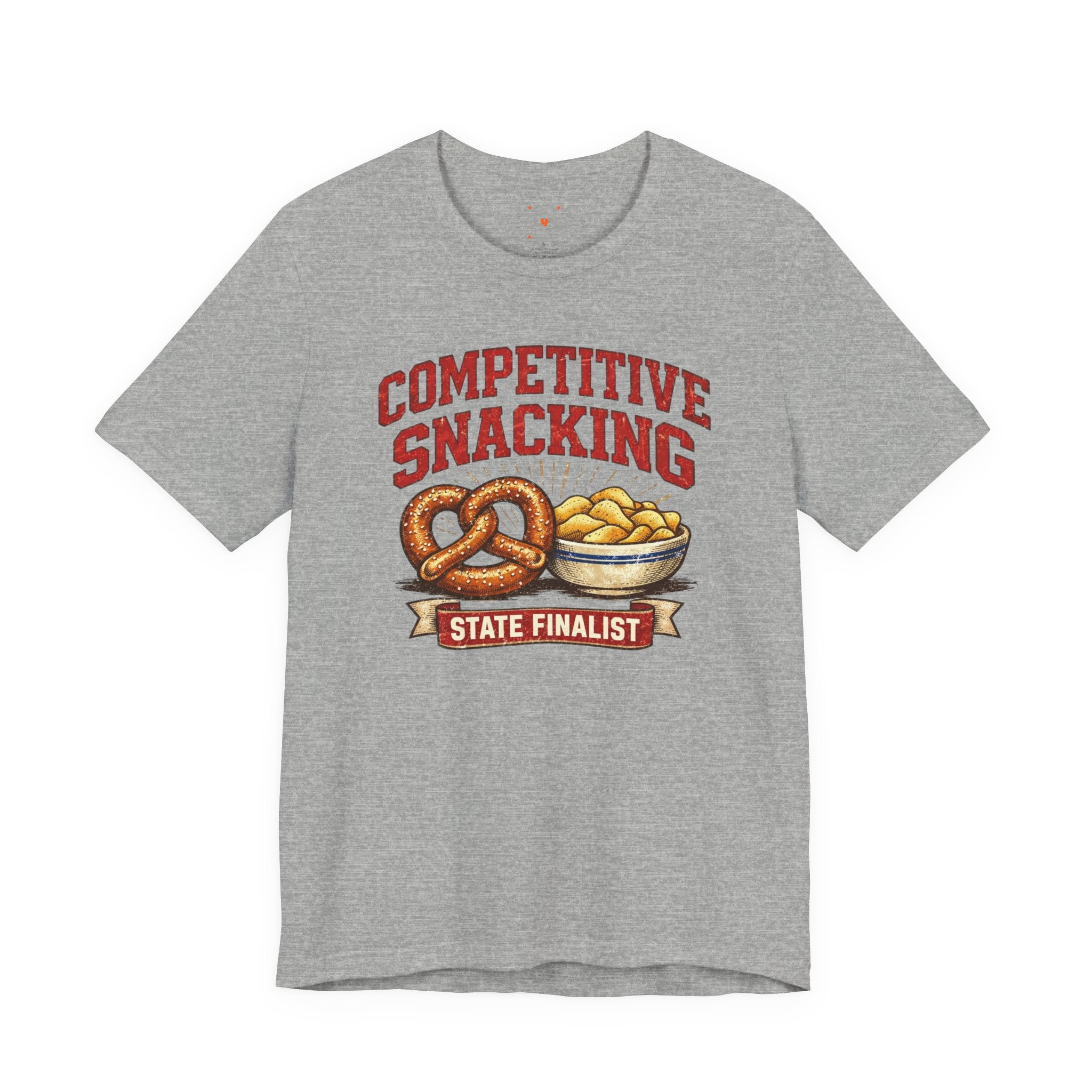 Gray T-shirt featuring pretzels and a bowl of snacks with the words “Competitive Snacking”