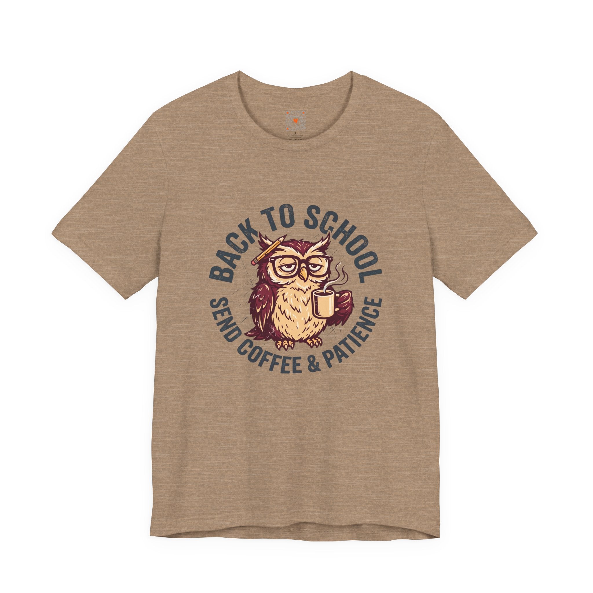 Back to School Owl Tee in heather tan with a playful owl graphic