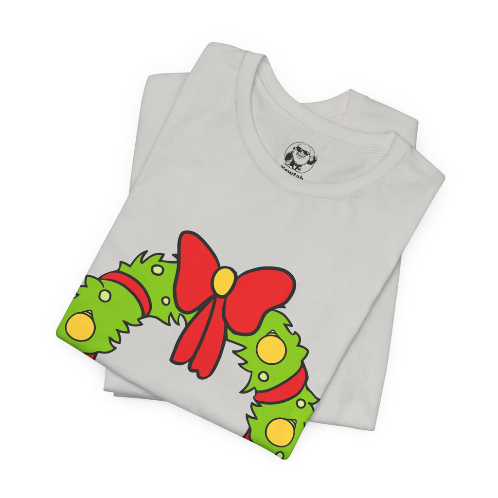Christmas Who Wreath Tee — Festive Holiday T-Shirt with Red Bow