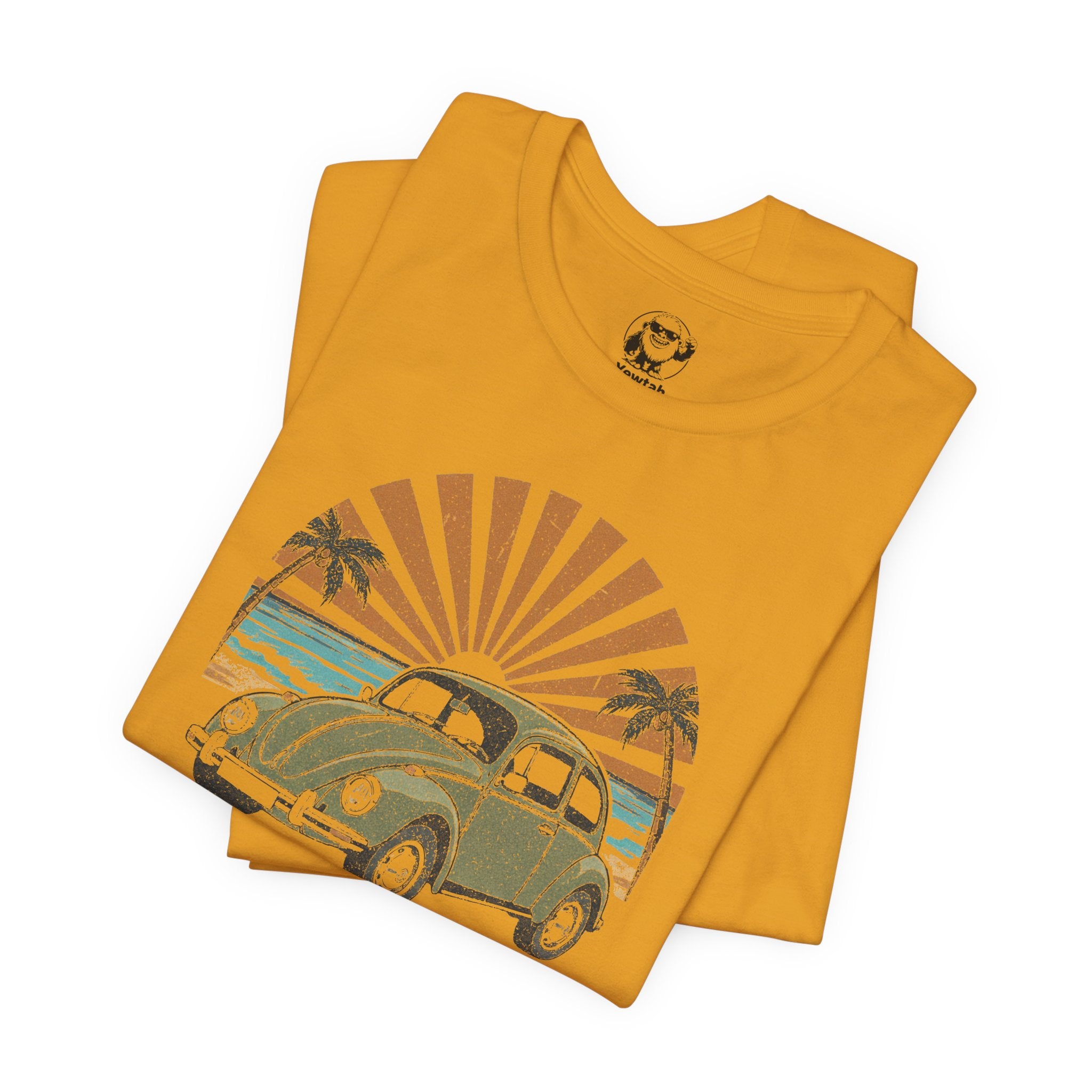 Vintage VW Beetle Beach Tee — Retro Sunset Surf Graphic T-Shirt