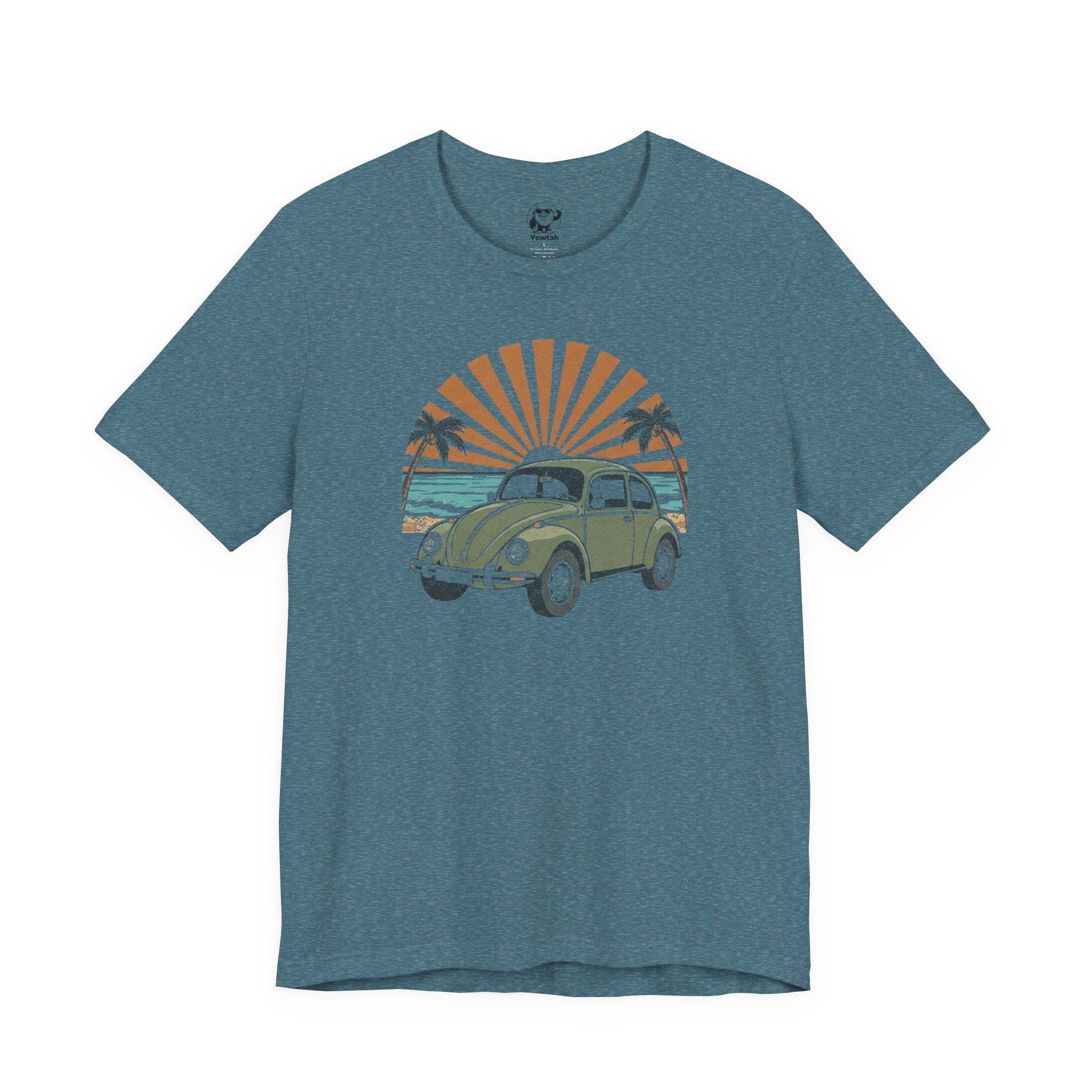 Vintage VW Beetle Beach Tee — Retro Sunset Surf Graphic T-Shirt