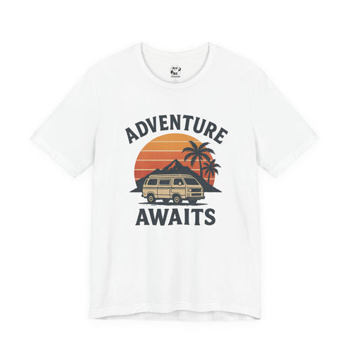 Adventure Awaits Tee — Vintage Sunset Campervan T‑Shirt