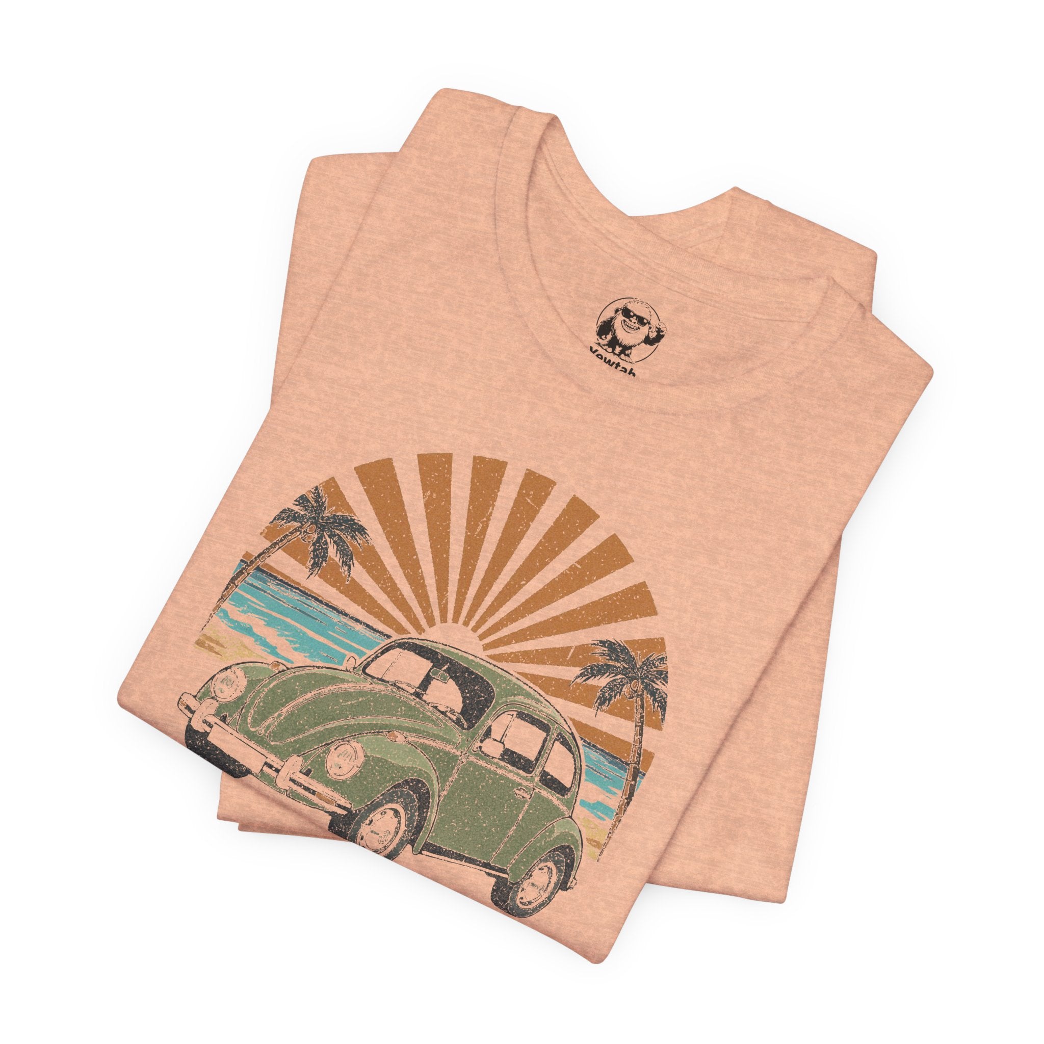 Vintage VW Beetle Beach Tee — Retro Sunset Surf Graphic T-Shirt