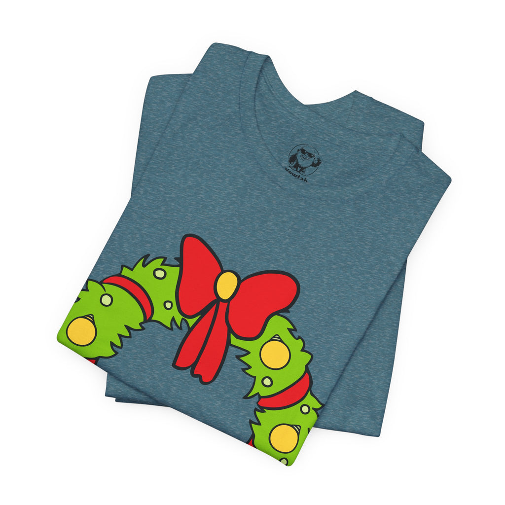 Christmas Who Wreath Tee — Festive Holiday T-Shirt with Red Bow