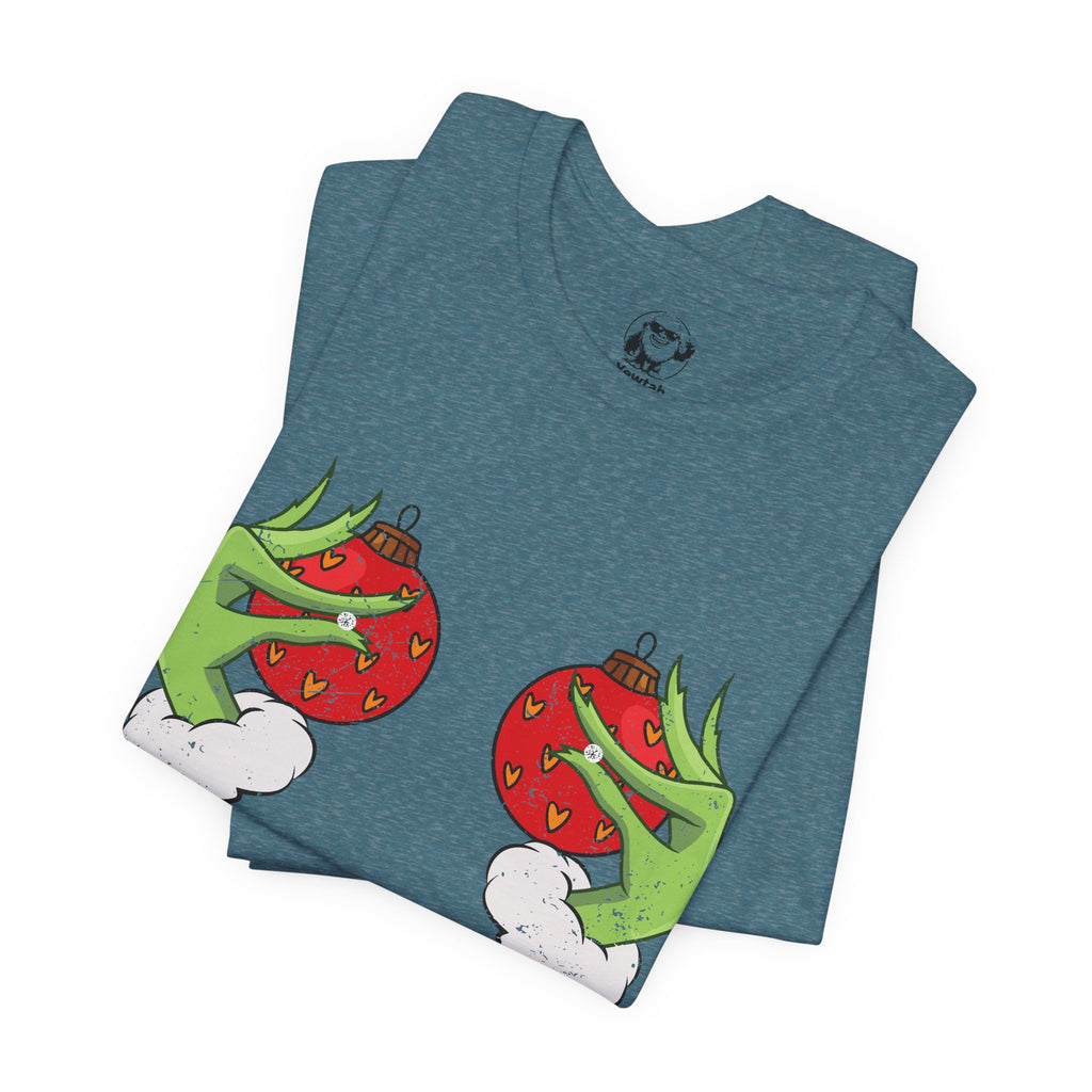 Grinch Hands Holding Perfectly Placed Christmas Ornaments Tee