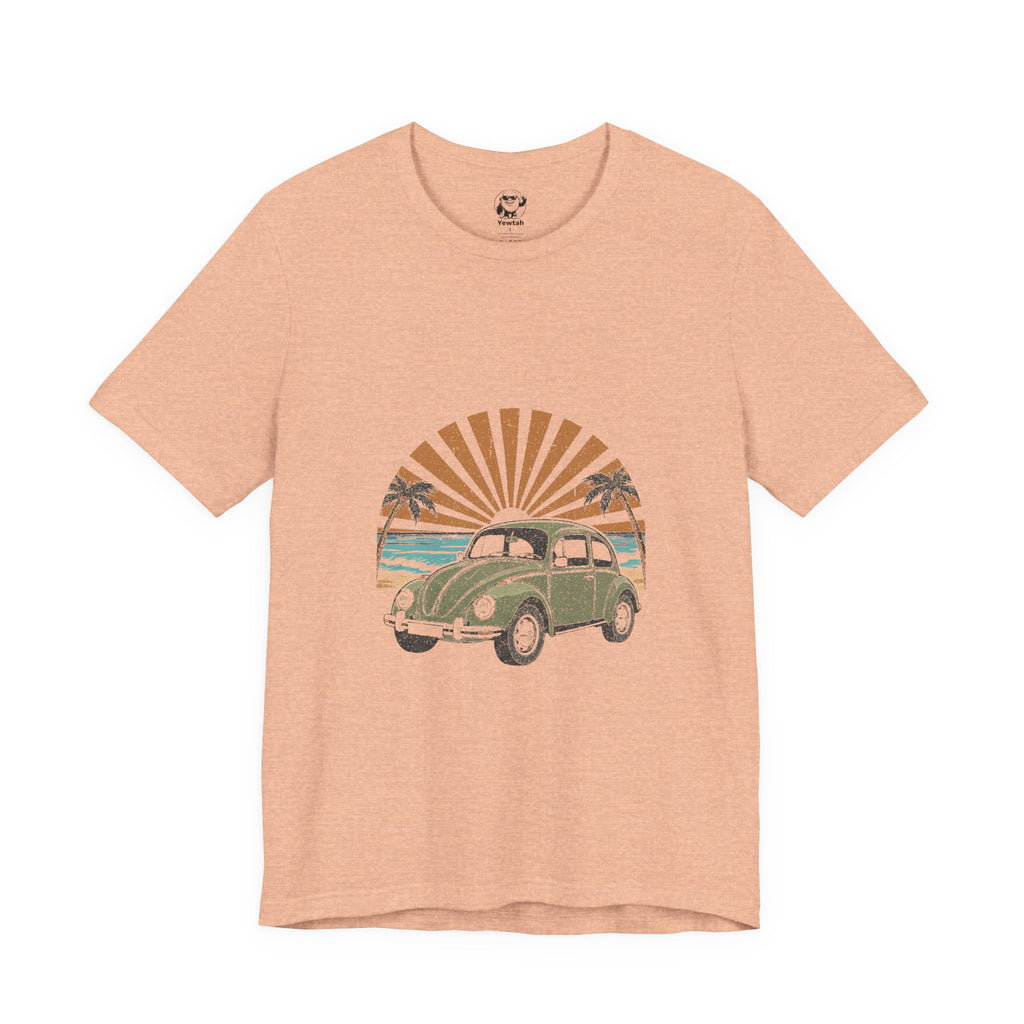 Vintage VW Beetle Beach Tee — Retro Sunset Surf Graphic T-Shirt
