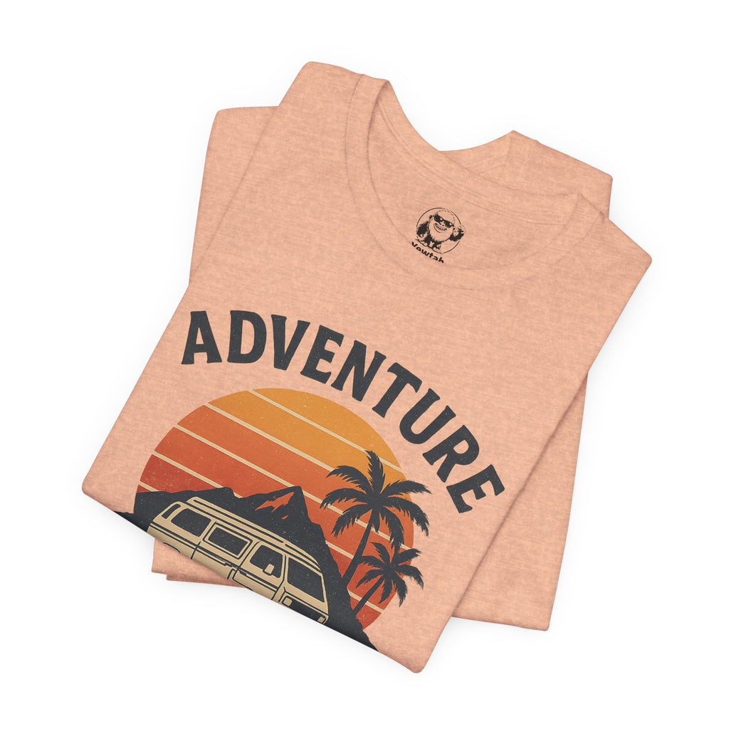 Adventure Awaits Tee — Vintage Sunset Campervan T‑Shirt