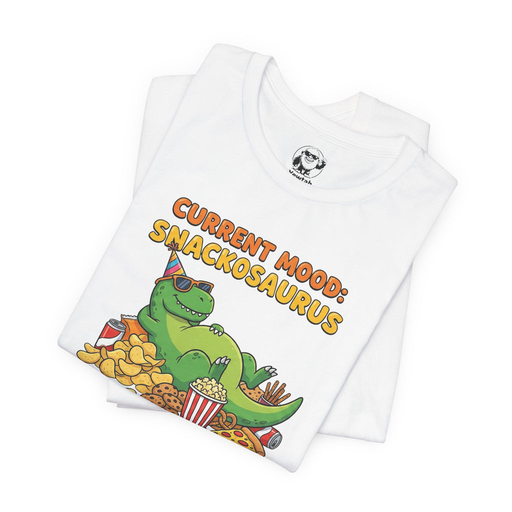 Snackosaurus Tee — "Current Mood: Snackosaurus" Funny Dino Graphic T-Shirt