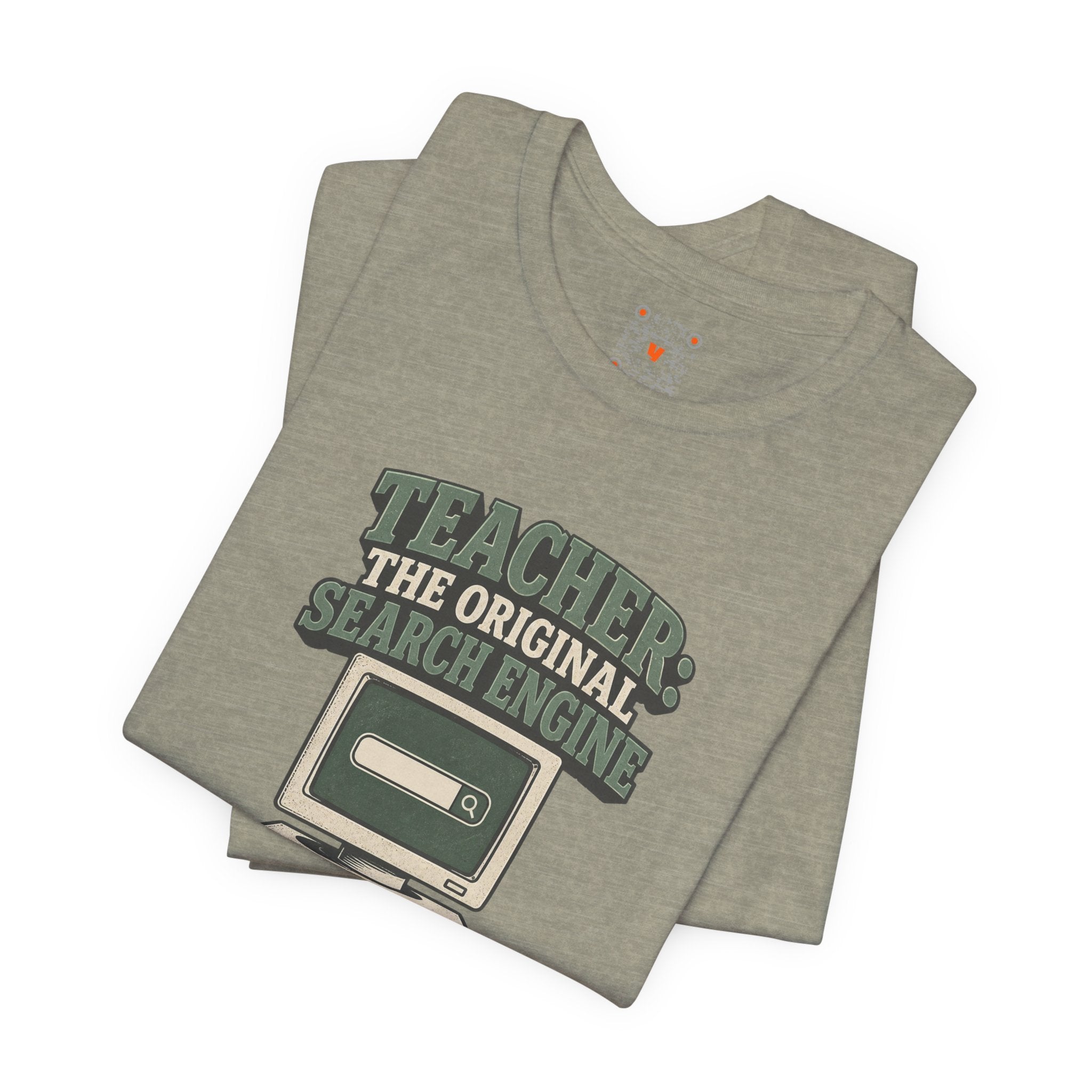 Close-up view of the Teacher The Original Search Engine Tee with its retro computer graphic