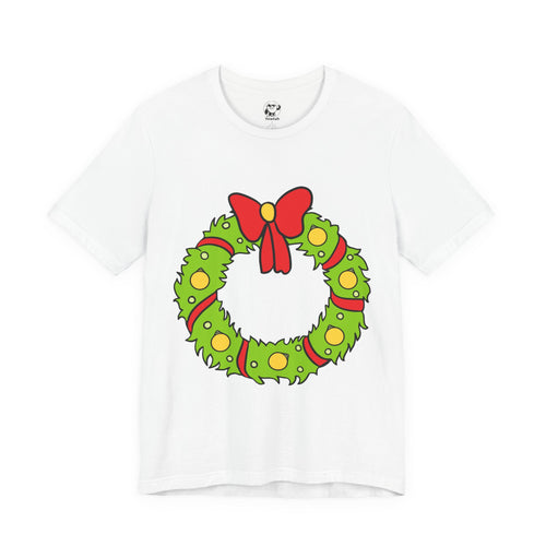 Christmas Who Wreath Tee — Festive Holiday T-Shirt with Red Bow