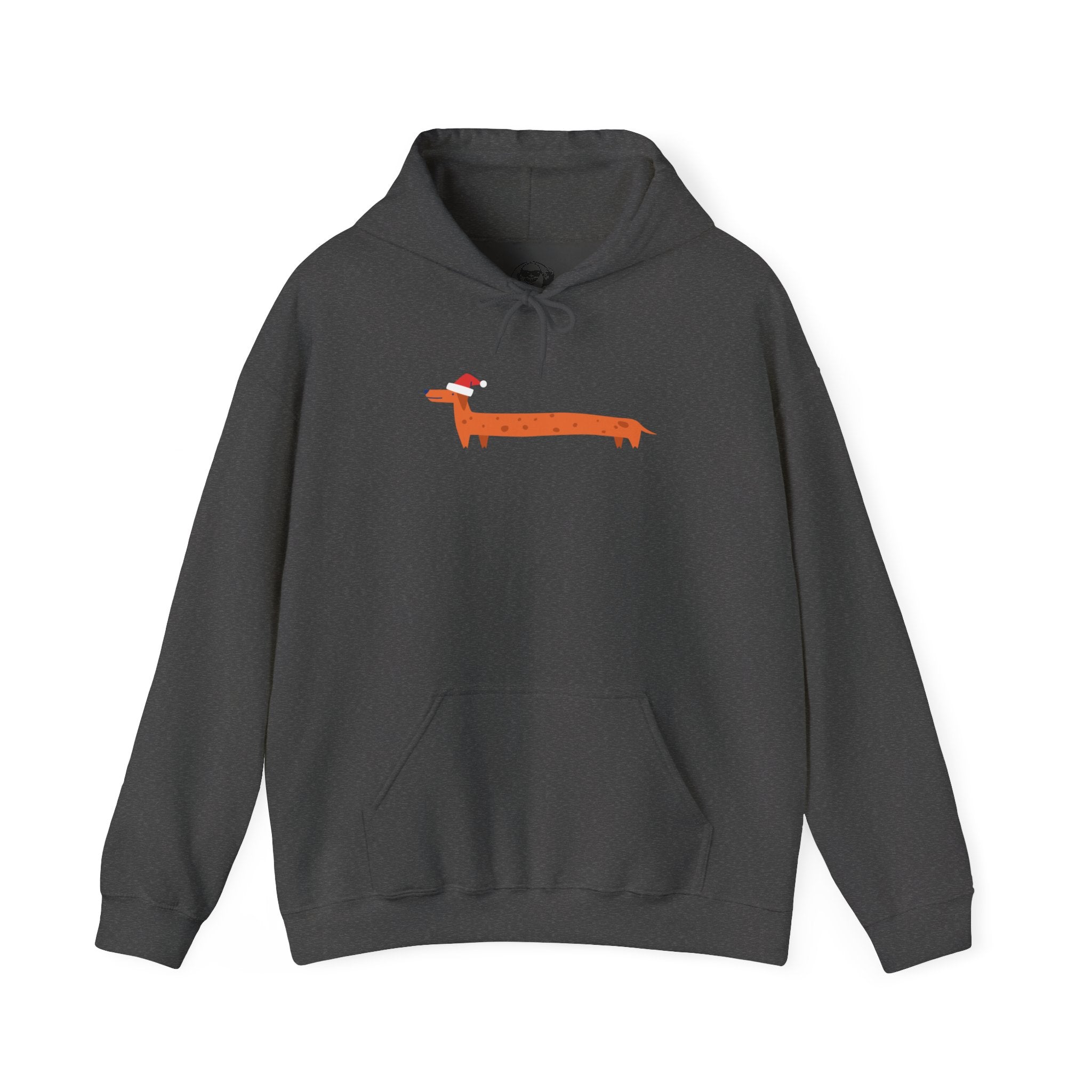 Dark heather Dachshund hoodie with a playful orange sausage dog graphic
