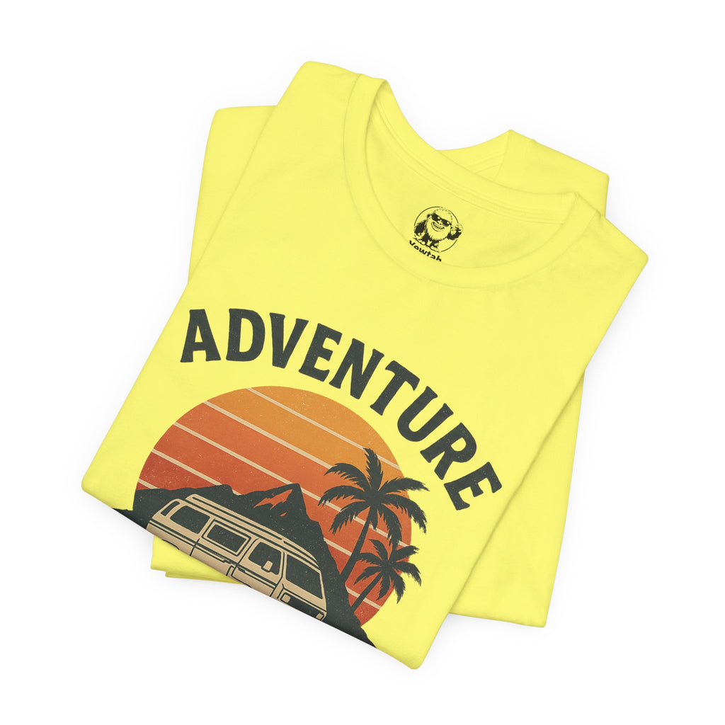 Adventure Awaits Tee — Vintage Sunset Campervan T‑Shirt
