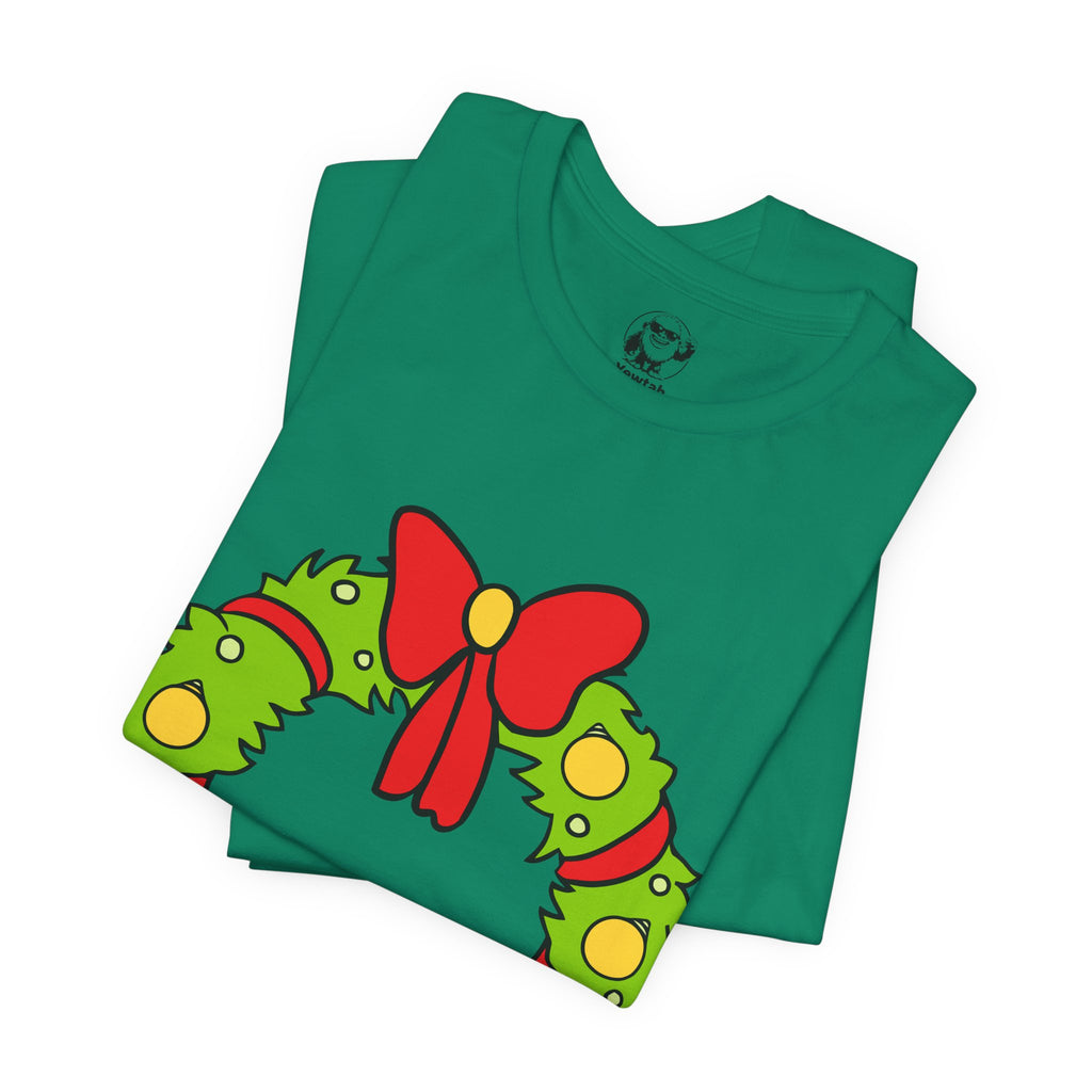 Christmas Who Wreath Tee — Festive Holiday T-Shirt with Red Bow