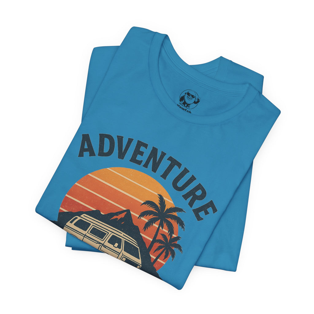Adventure Awaits Tee — Vintage Sunset Campervan T‑Shirt