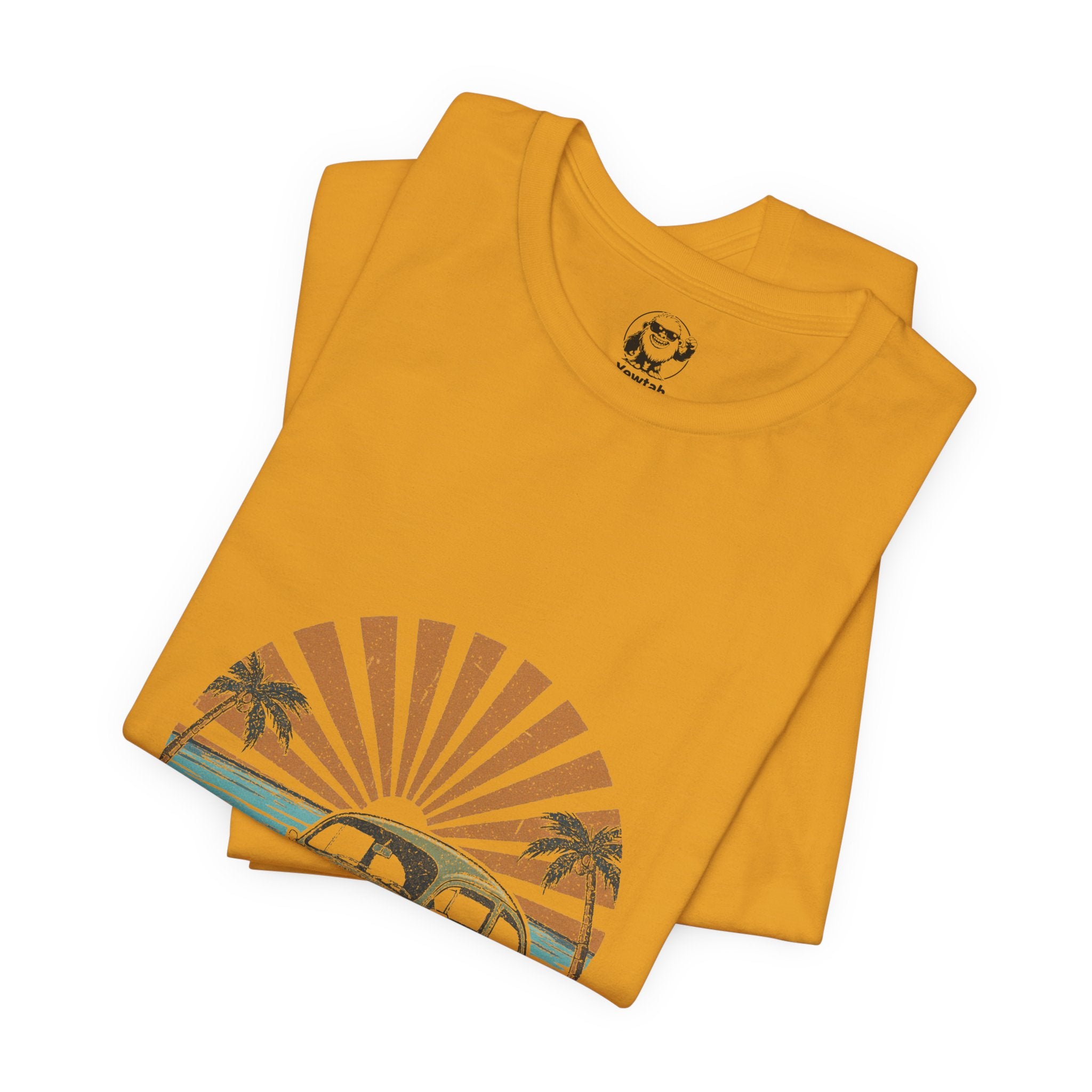 Vintage VW Beetle Beach Tee — Retro Sunset Surf Graphic T-Shirt