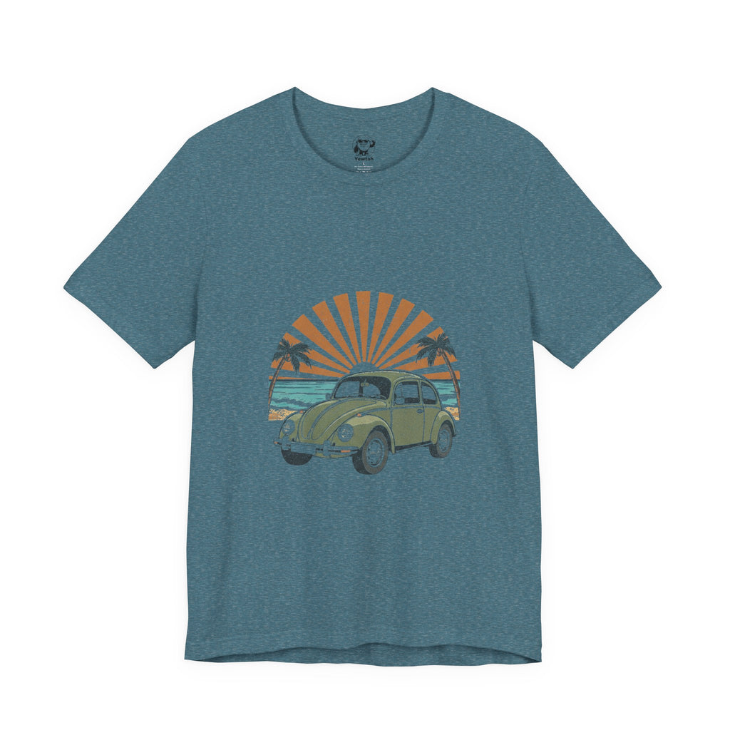 Vintage VW Beetle Beach Tee — Retro Sunset Surf Graphic T-Shirt