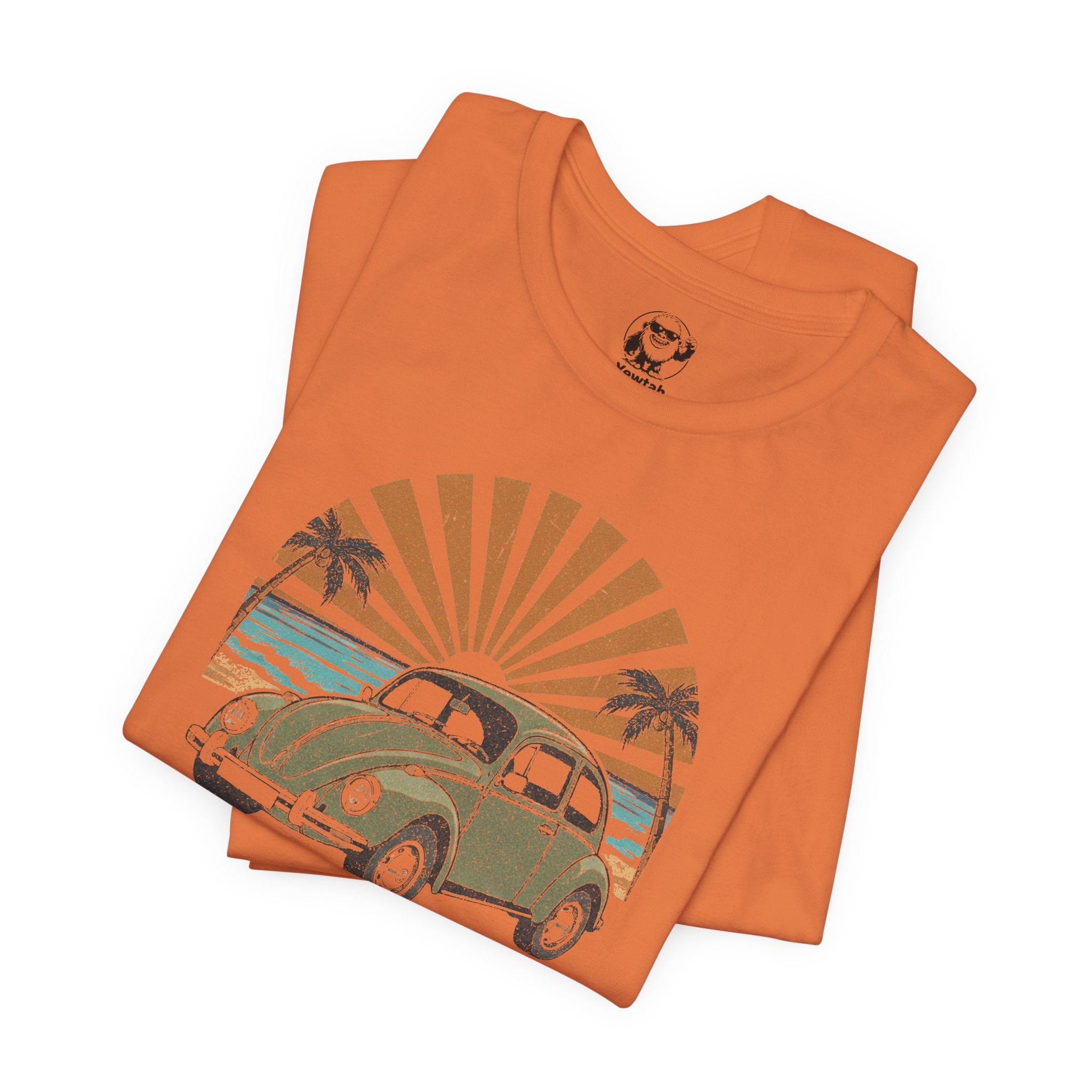 Vintage VW Beetle Beach Tee — Retro Sunset Surf Graphic T-Shirt