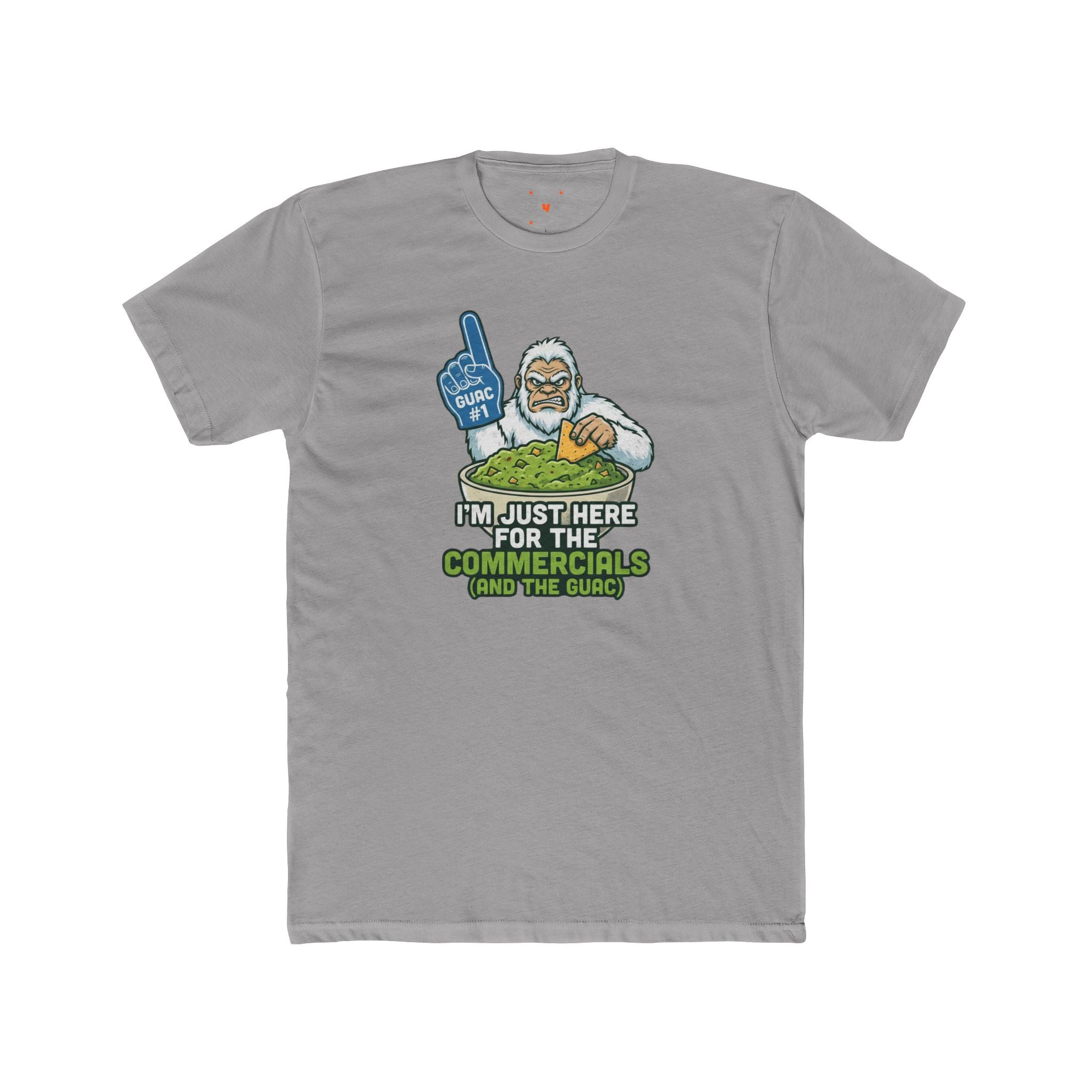 Gray Yewtah T-shirt featuring a sunglass-wearing yeti with guacamole and the words “I’m Just Here for the Commercials”