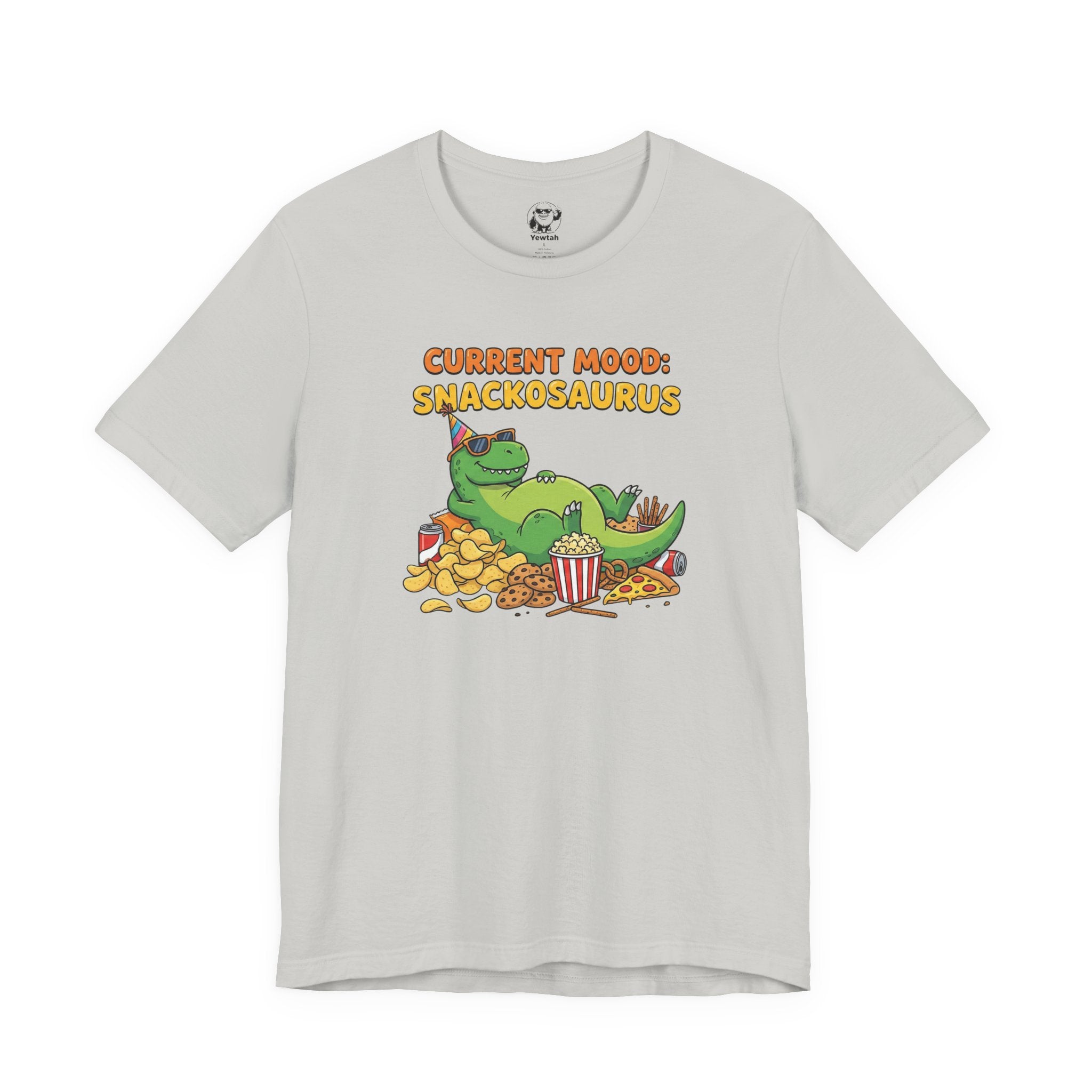 Snackosaurus Tee — "Current Mood: Snackosaurus" Funny Dino Graphic T-Shirt