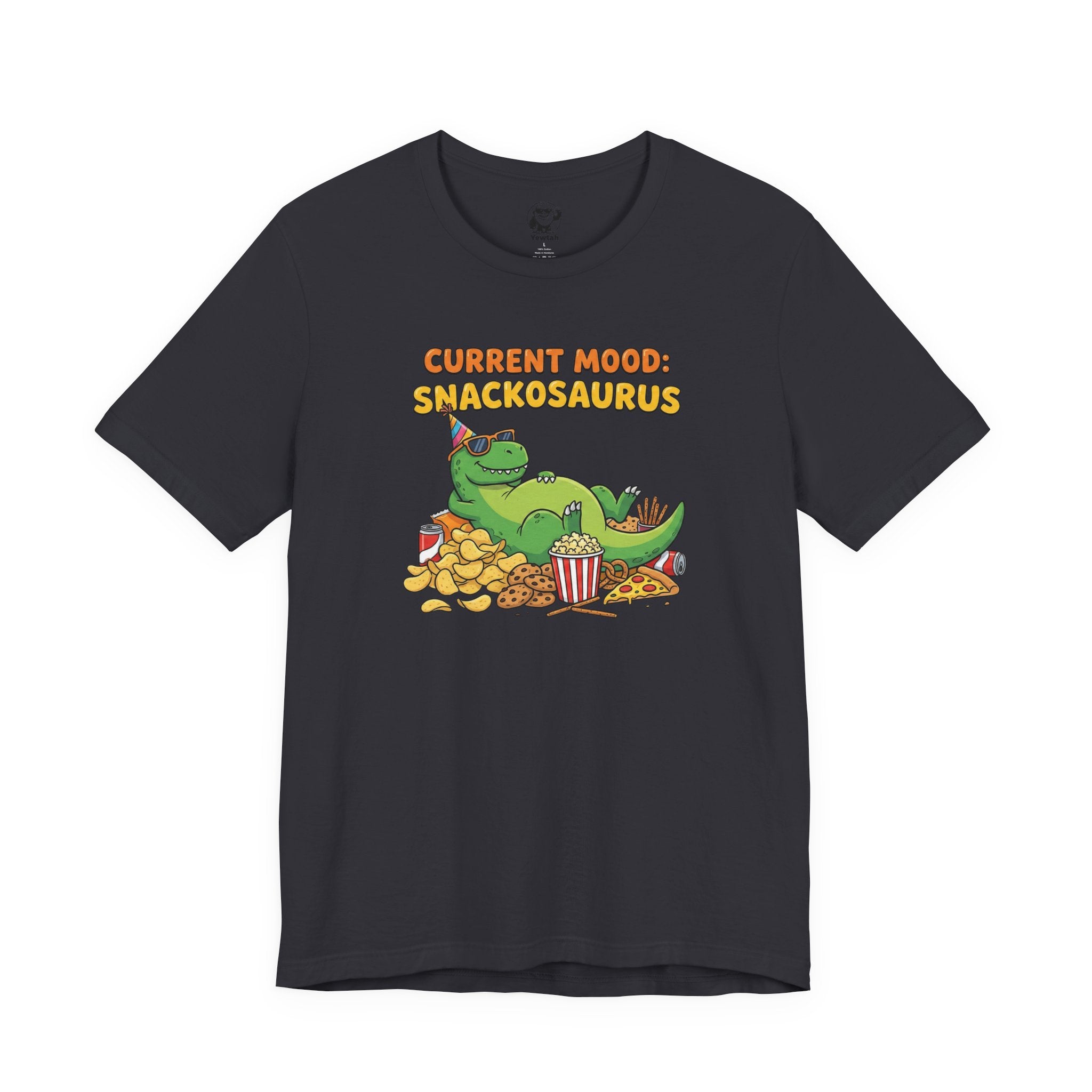 A colorful snack-themed dinosaur graphic T-shirt