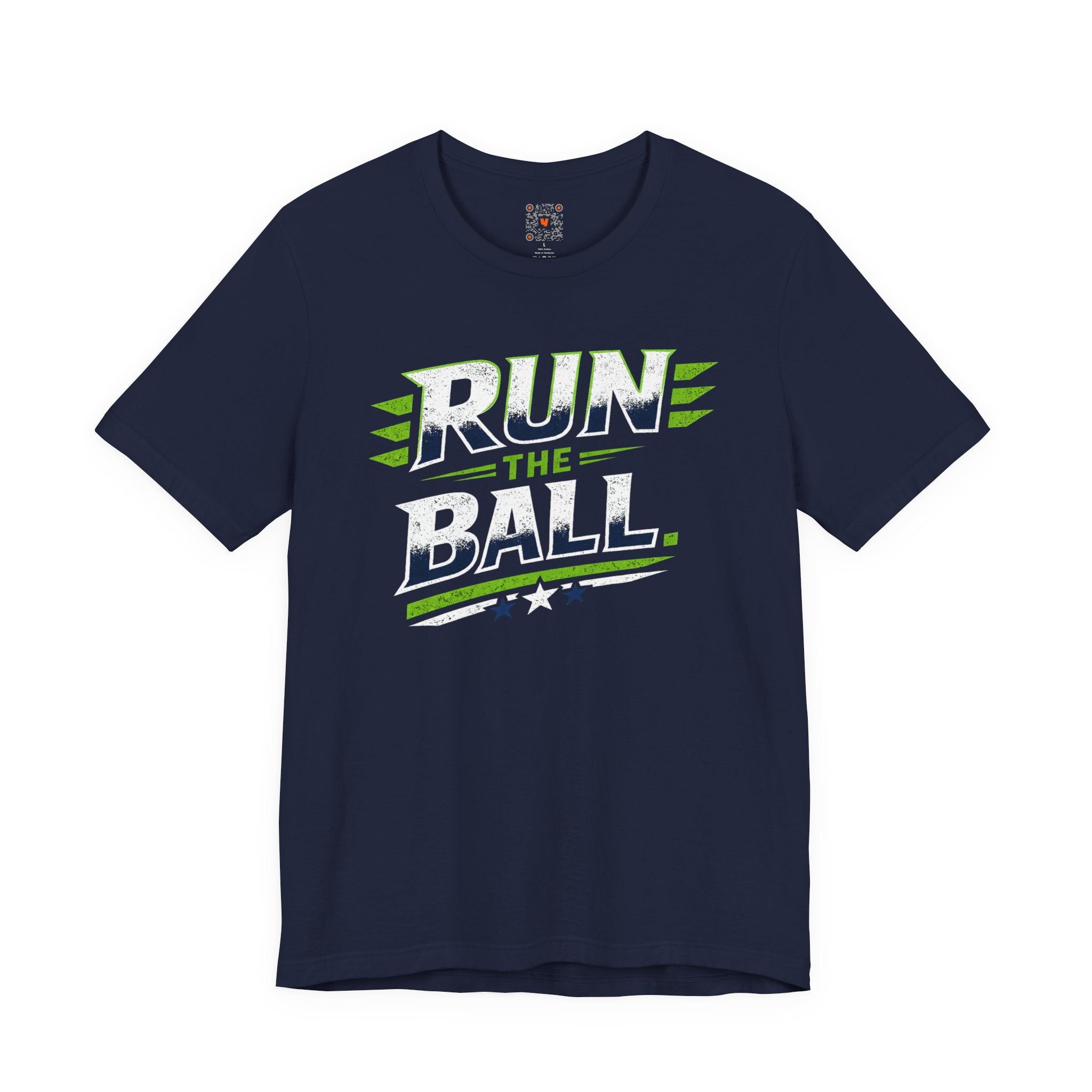 Navy T-shirt with bold distressed lettering reading “Run the Ball”