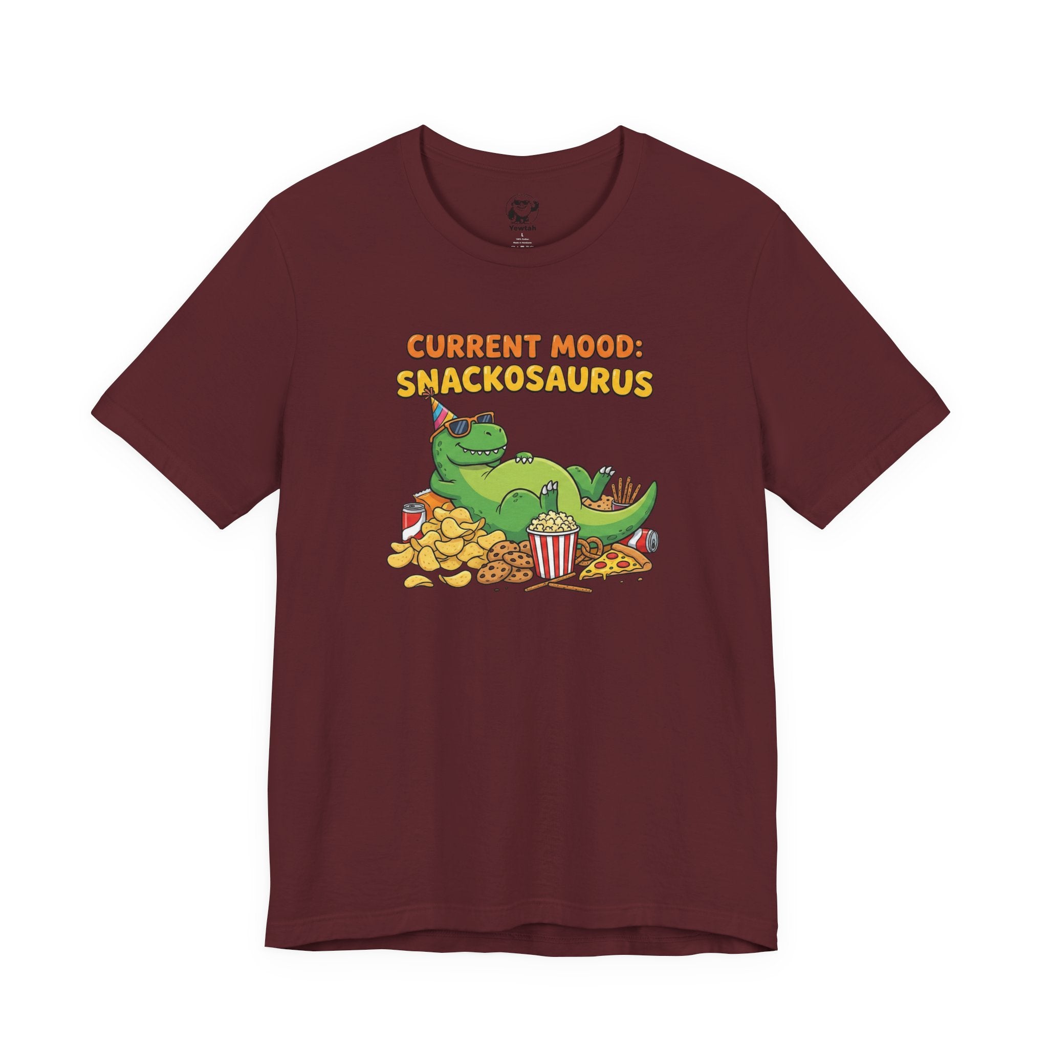 Snackosaurus Tee — "Current Mood: Snackosaurus" Funny Dino Graphic T-Shirt