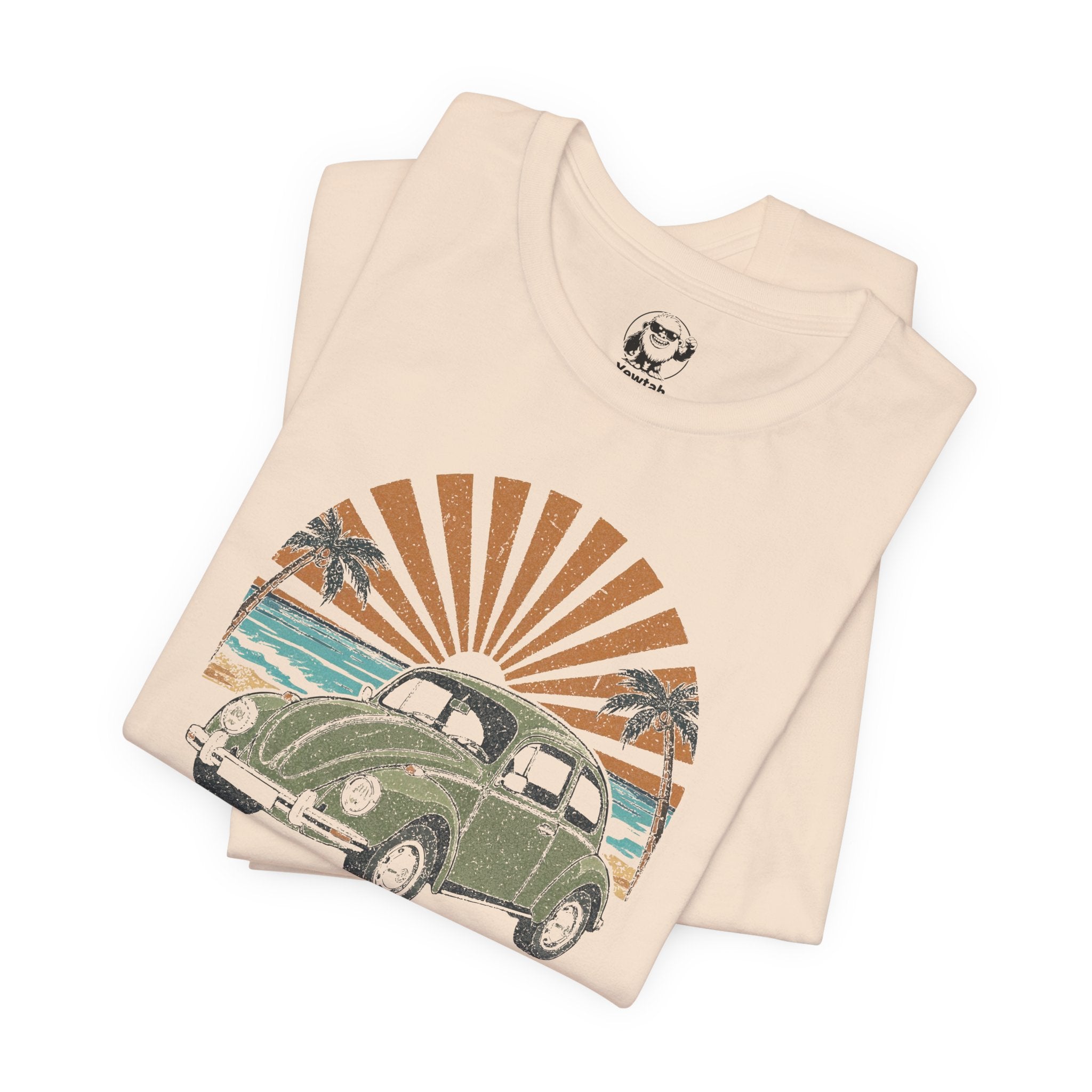 Vintage VW Beetle Beach Tee — Retro Sunset Surf Graphic T-Shirt