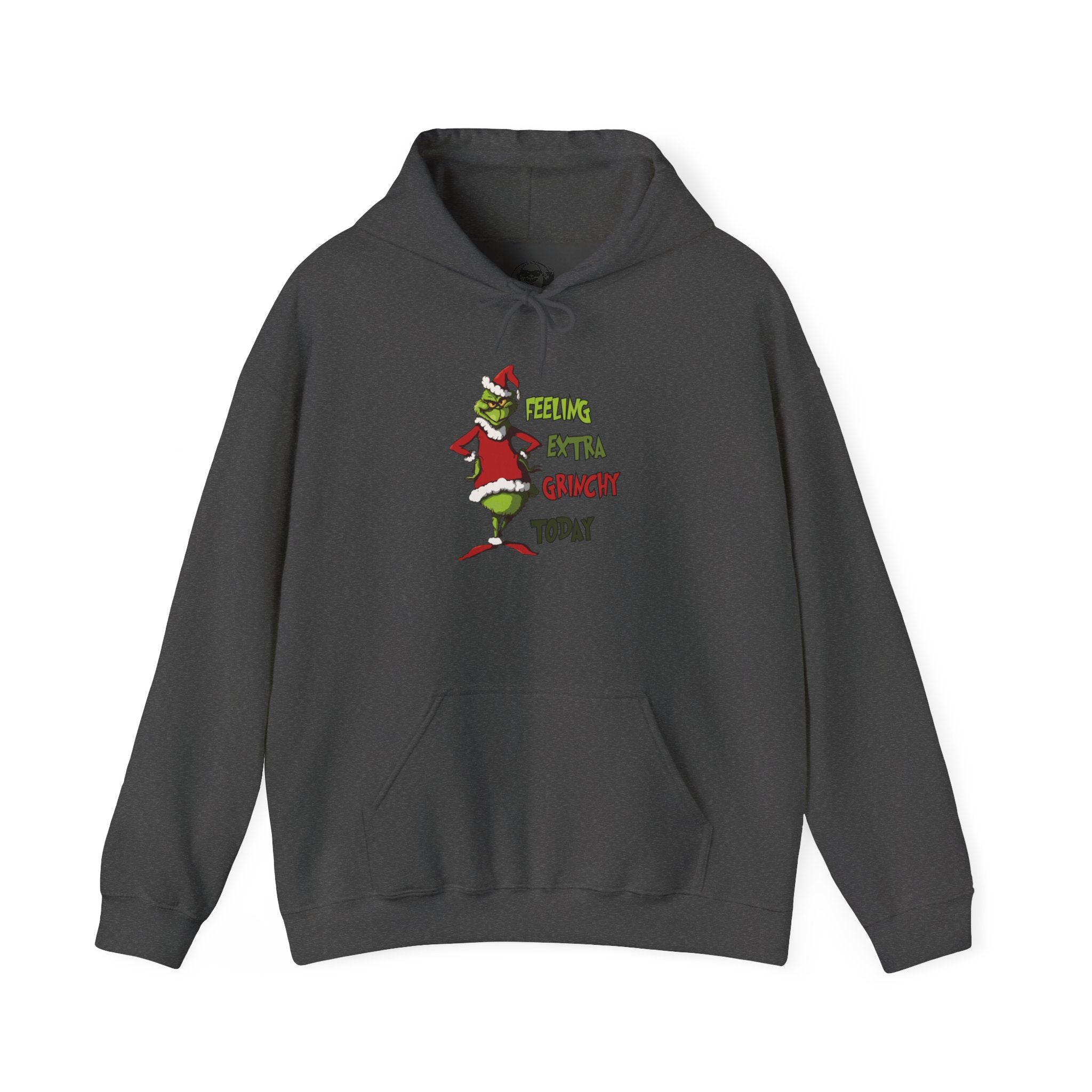 Dark heather hoodie featuring a mischievous green holiday character and playful lettering