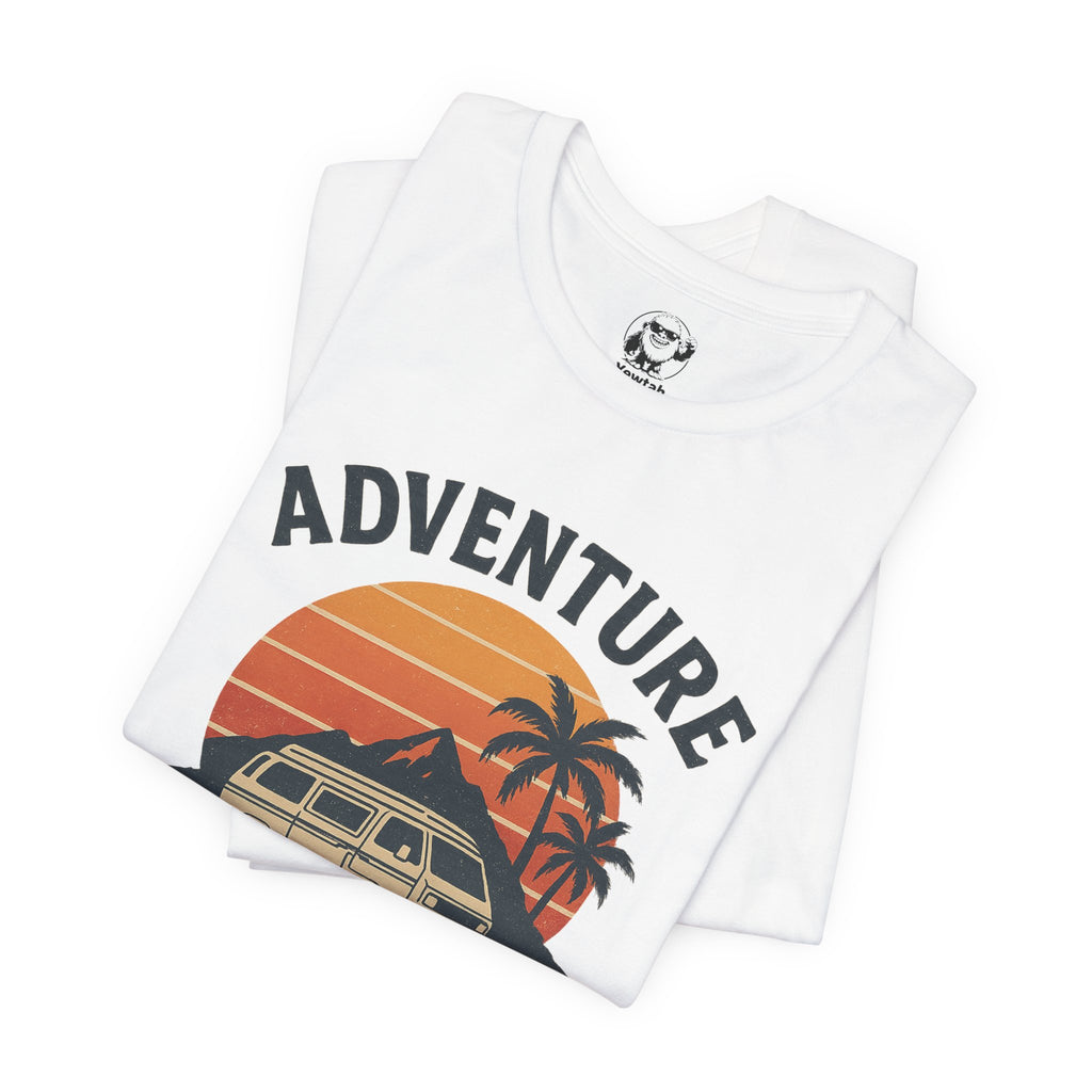 Adventure Awaits Tee — Vintage Sunset Campervan T‑Shirt