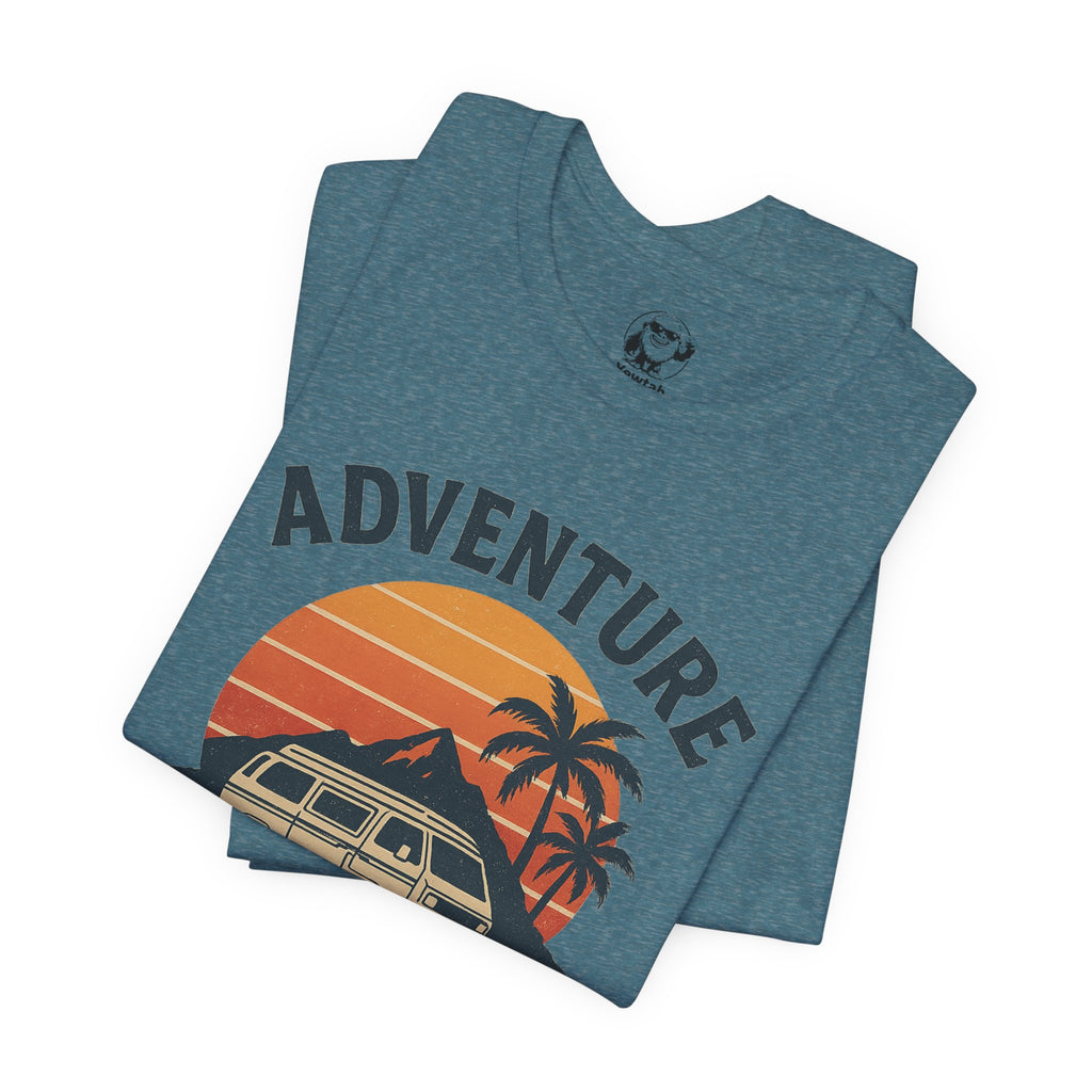 Adventure Awaits Tee — Vintage Sunset Campervan T‑Shirt