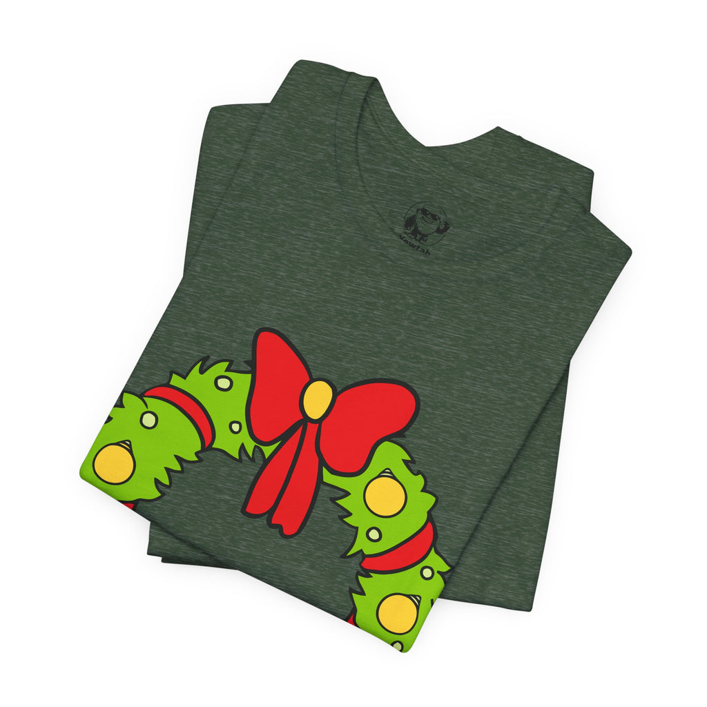 Christmas Who Wreath Tee — Festive Holiday T-Shirt with Red Bow