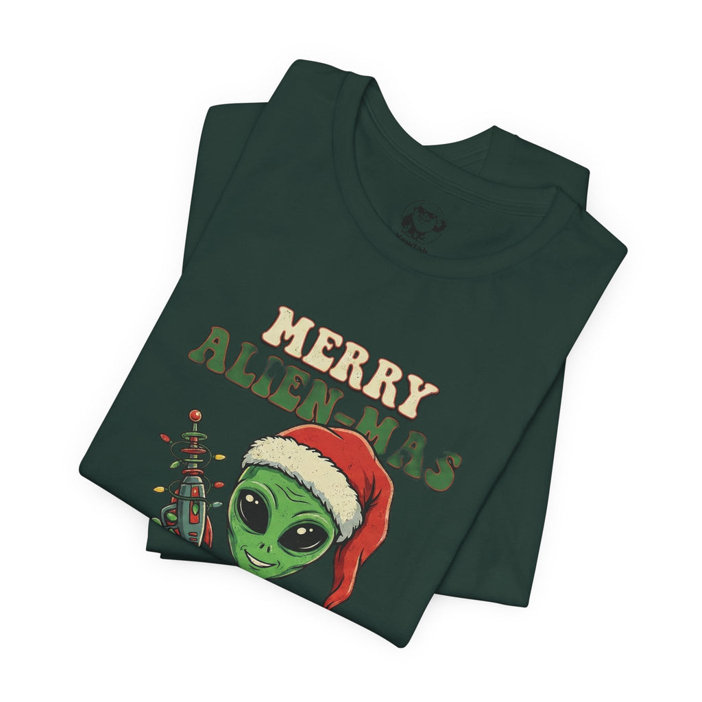 Merry Alienmas Christmas Tee — Alien in Santa Hat Holiday T-Shirt