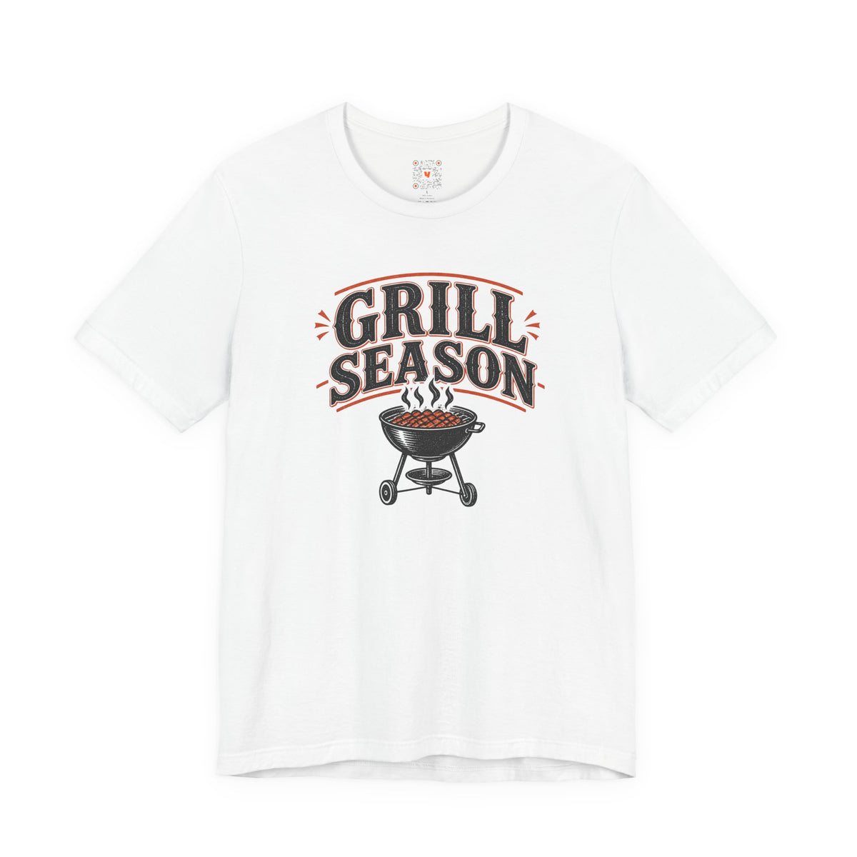 A real product image of the Grill Season Tee, a humorous summer BBQ graphic shirt