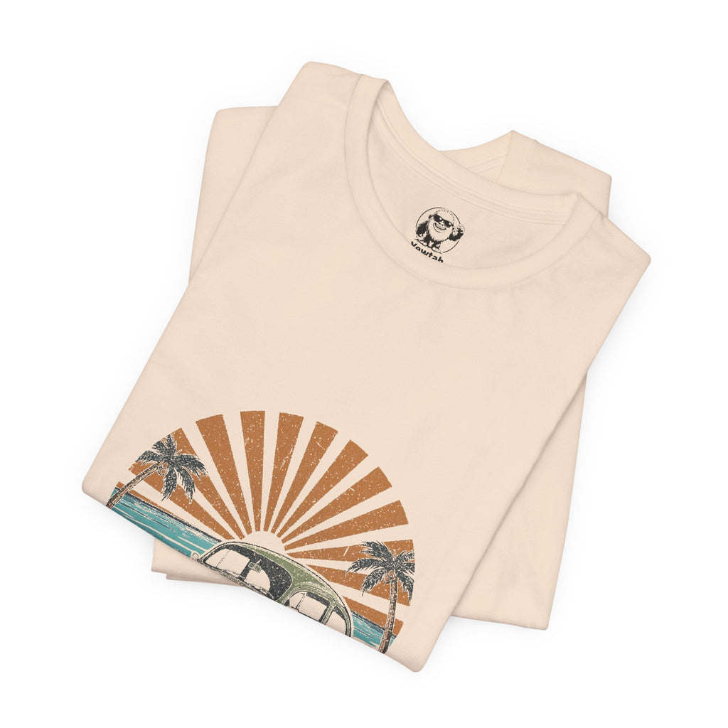 Vintage VW Beetle Beach Tee — Retro Sunset Surf Graphic T-Shirt